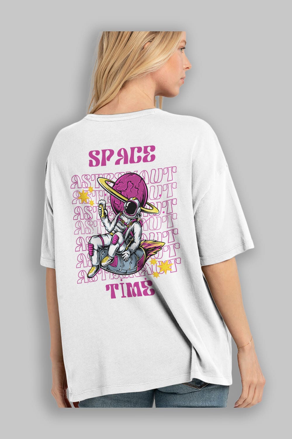 Space Time Astronaut Yazılı Arka Baskılı Oversize t-shirt Erkek Kadın Unisex
