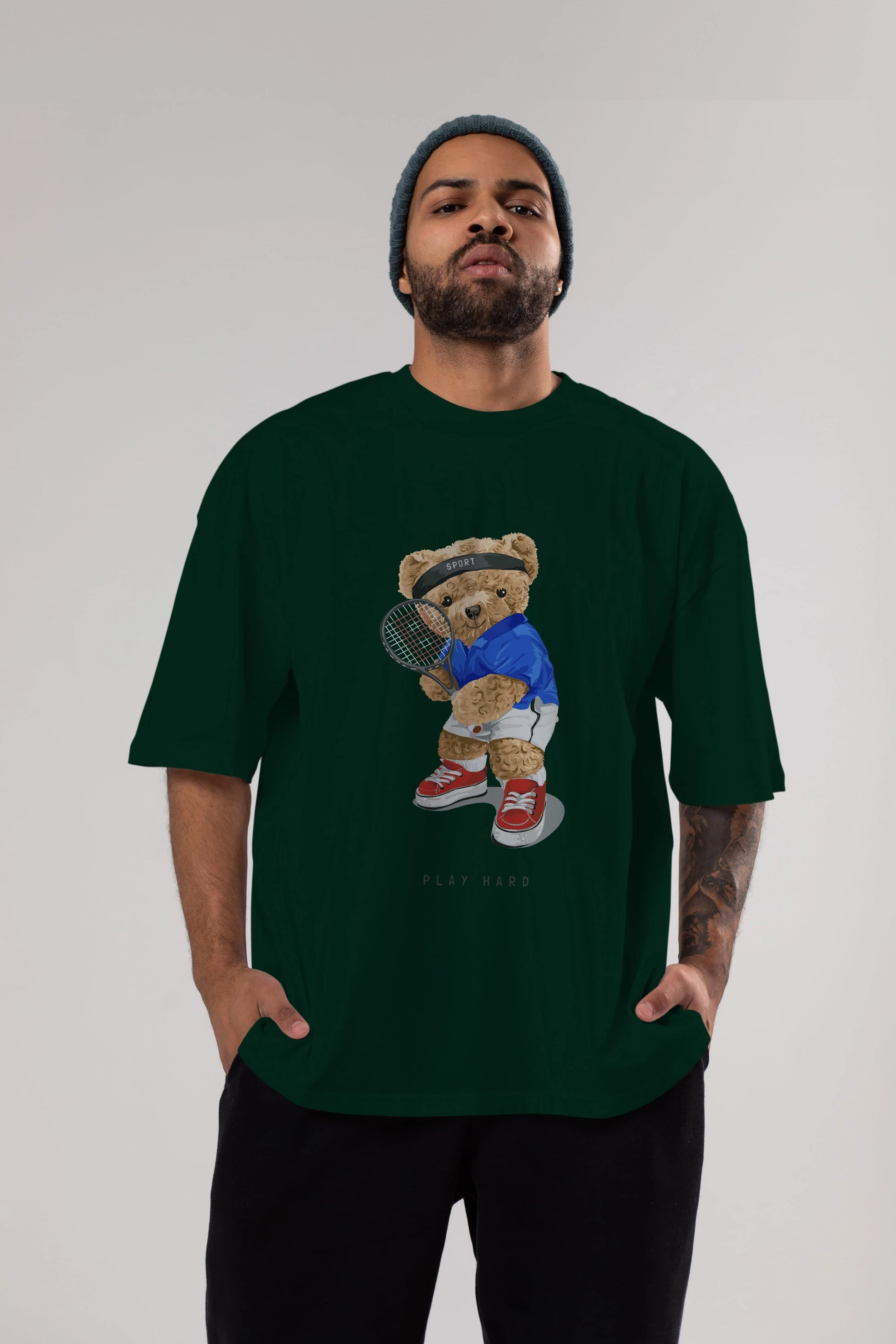 Teddy Bear Play Hard Ön Baskılı Oversize t-shirt Erkek Kadın Unisex %100 Pamuk