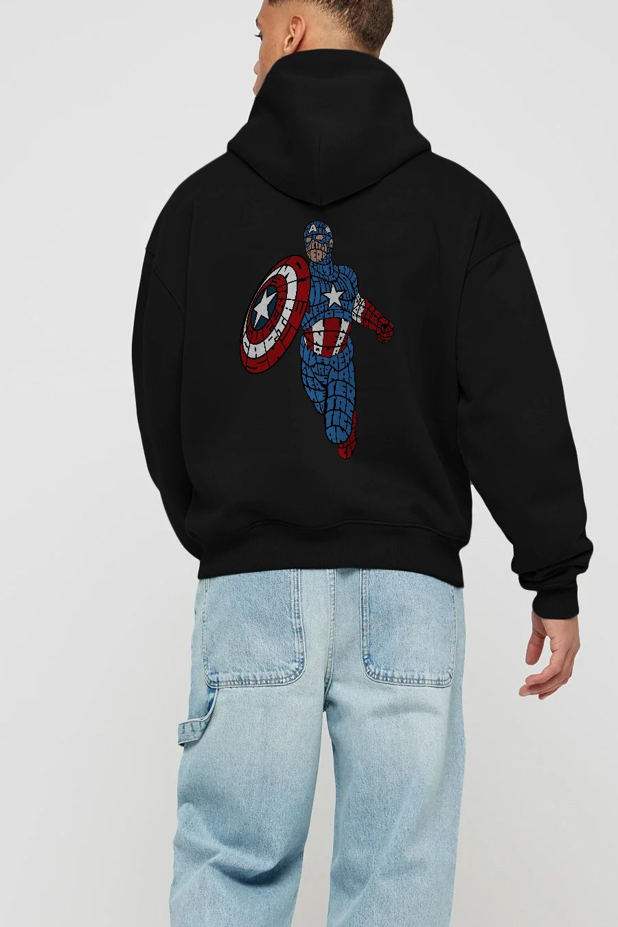 Star and Stripes Hero Arka Baskılı Hoodie Oversize Kapüşonlu Sweatshirt Erkek Kadın Unisex