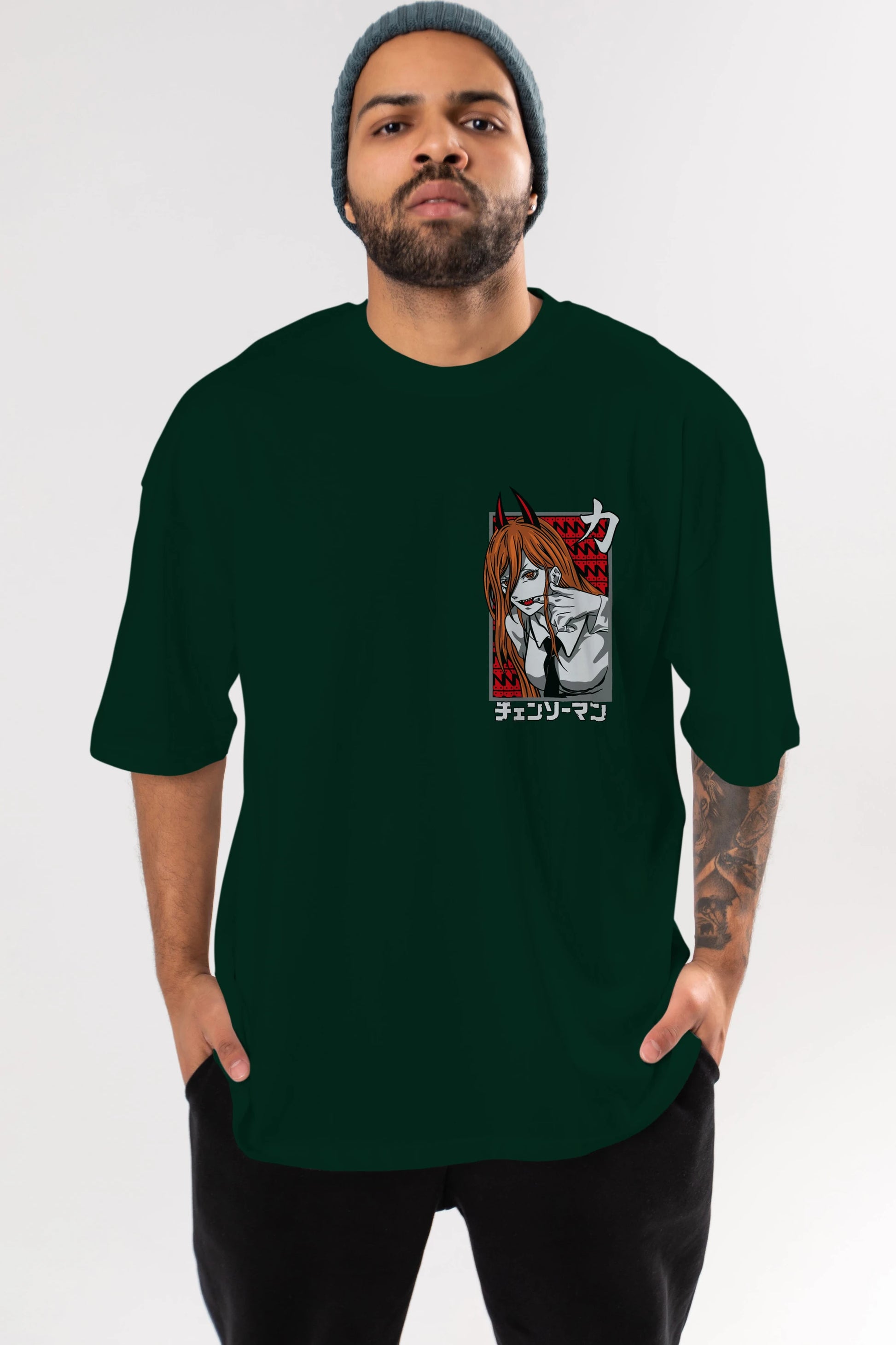 CHAINSAWMAN POWER Ön Sol Baskılı Oversize t-shirt Erkek Kadın Unisex %100 Pamuk Bisiklet Yaka tişort