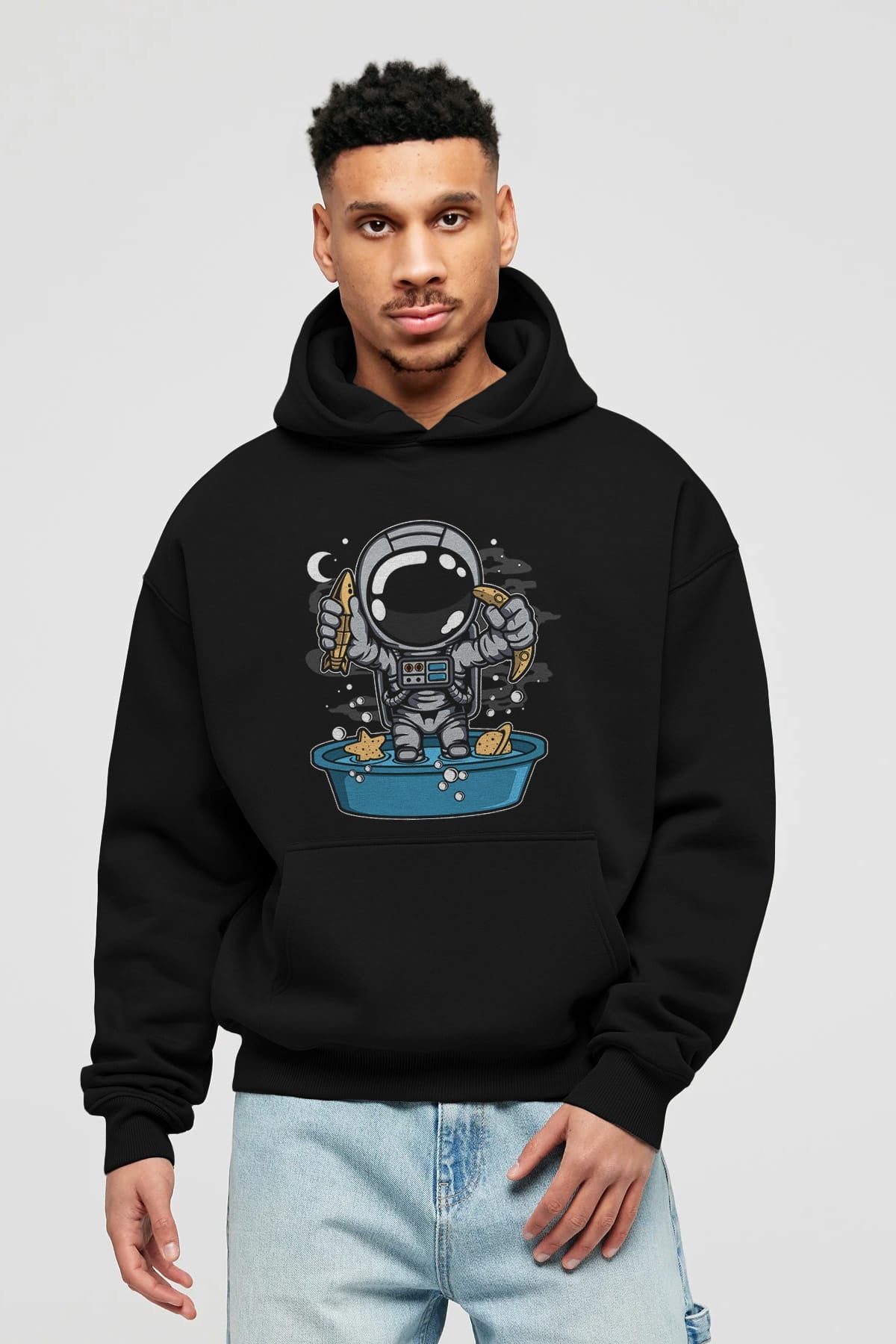 Astronaut Bath Tub Ön Baskılı Hoodie Oversize Kapüşonlu Sweatshirt Erkek Kadın Unisex