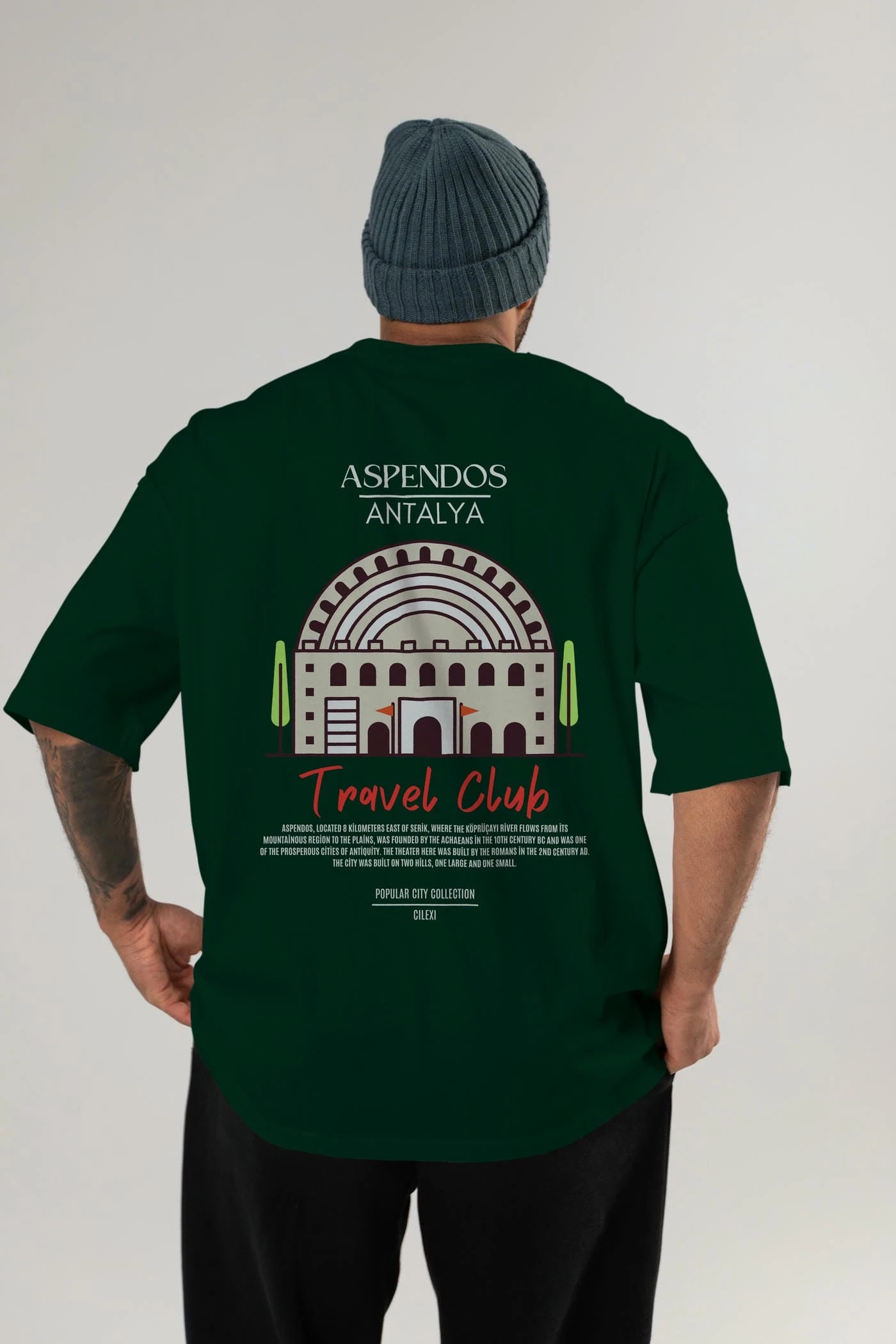 Aspendos Antalya Arka Baskılı Oversize t-shirt Erkek Kadın Pamuk Bisiklet Yaka tişort