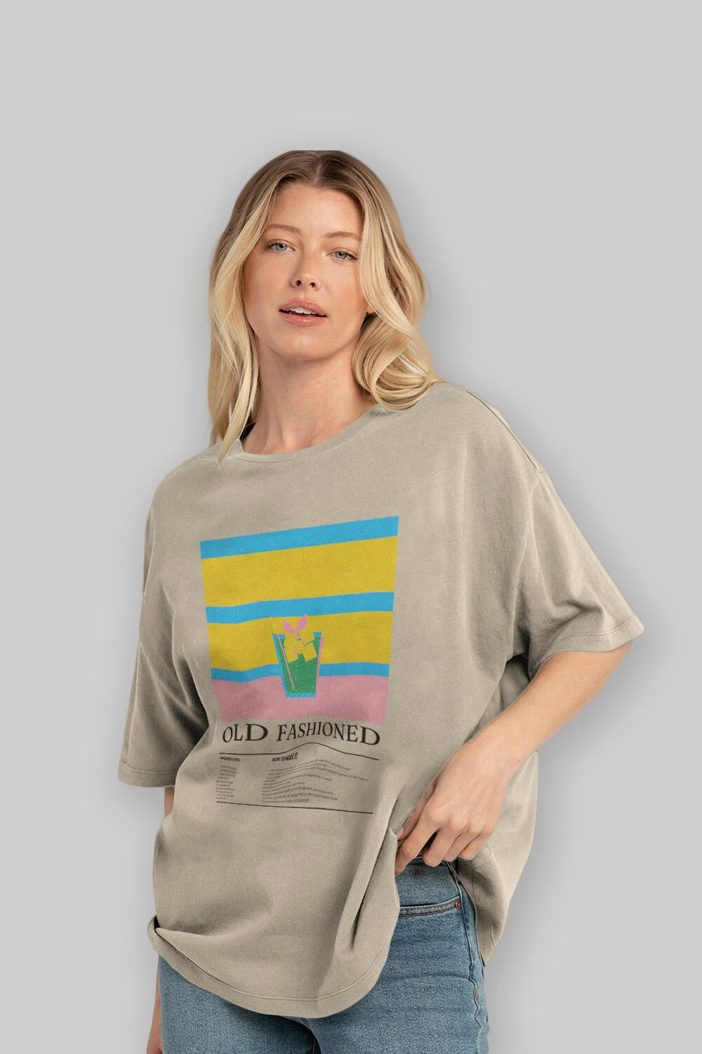Old Fashioned Kokteyl Ön Baskılı Oversize t-shirt Erkek Kadın %100 Pamuk Bisiklet Yaka tişort