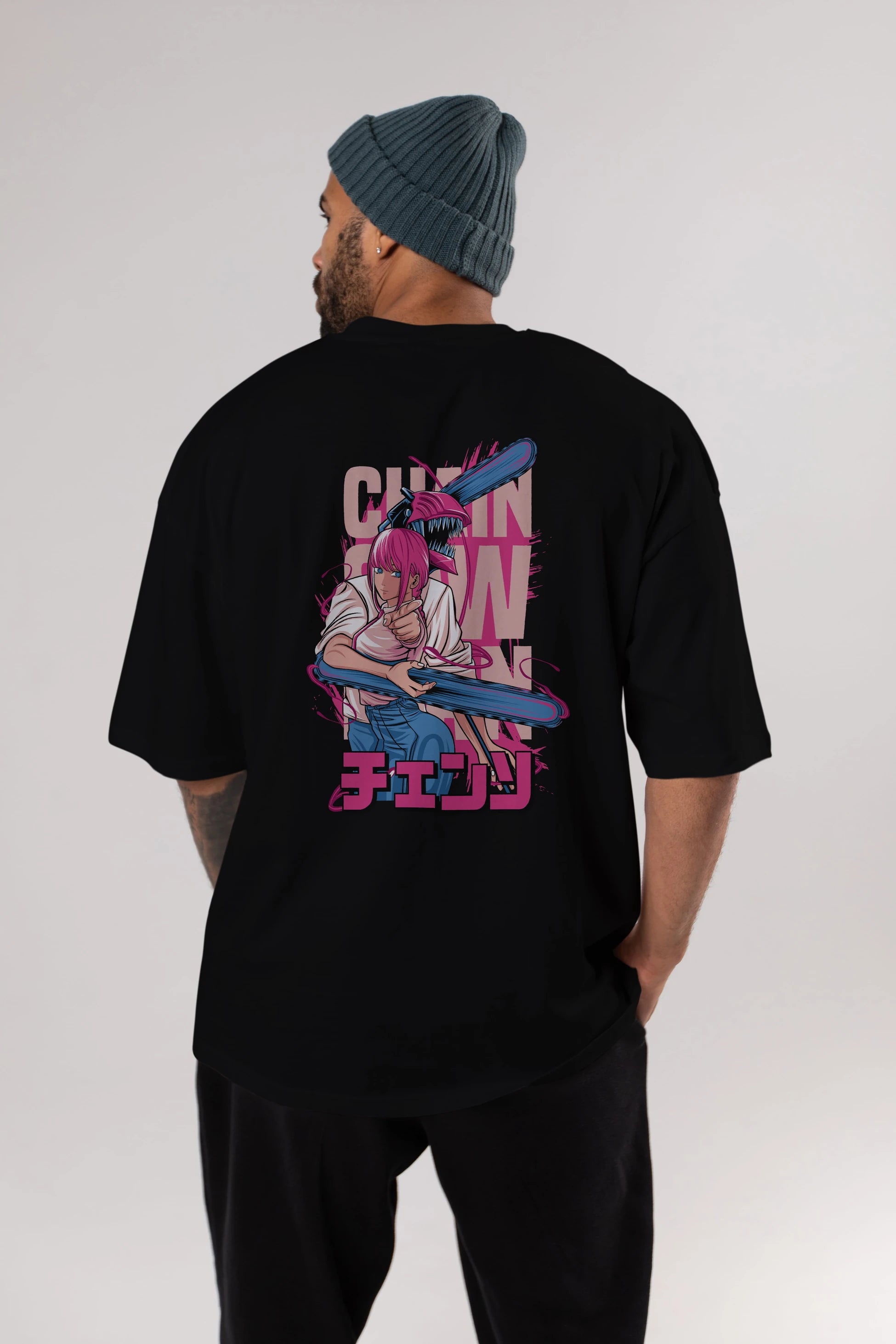 DENJI and MAKIMA Anime Arka Baskılı Oversize t-shirt Erkek Kadın Unisex