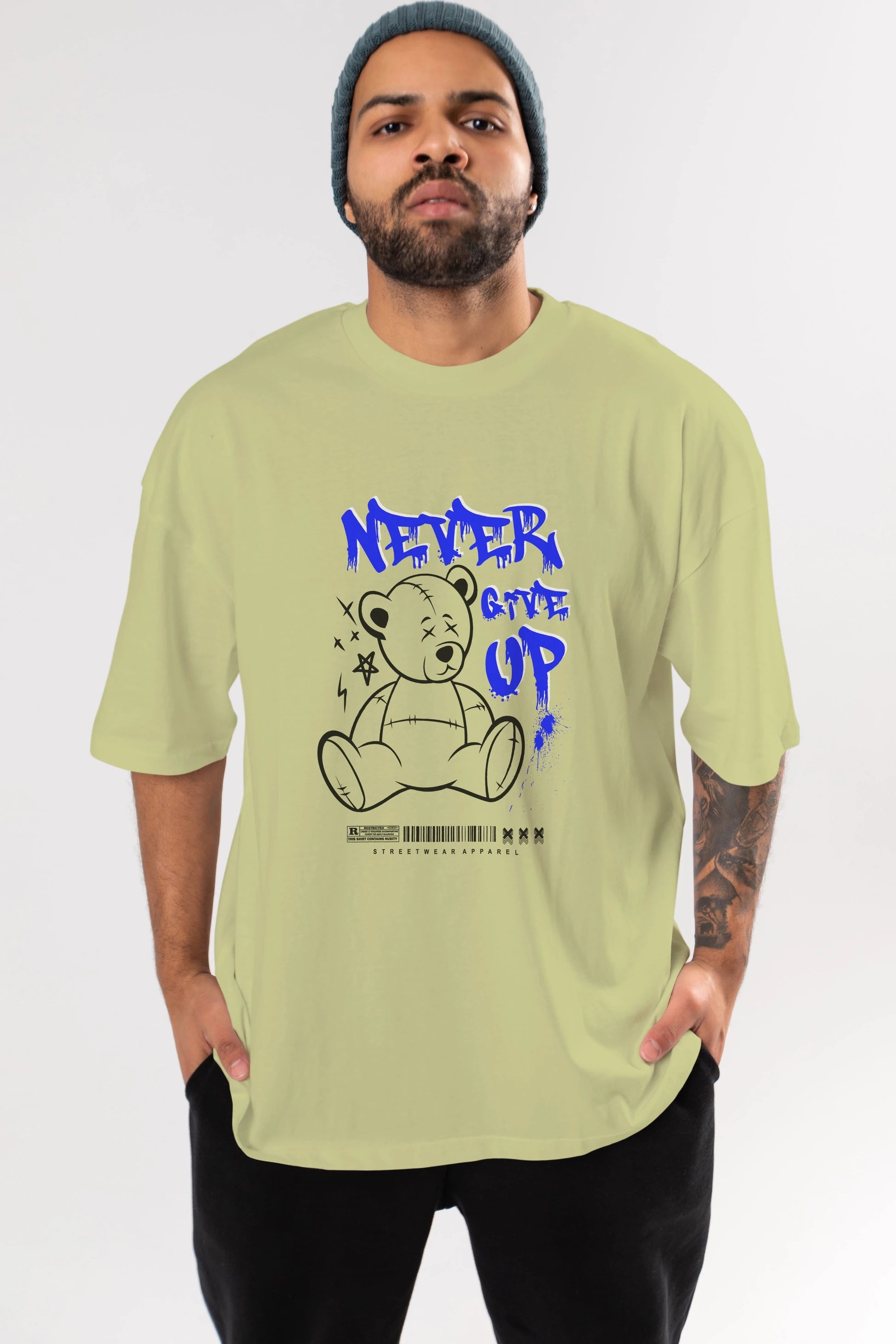 Teddy Bear Never Give Up Ön Baskılı Oversize t-shirt Erkek Kadın Unisex