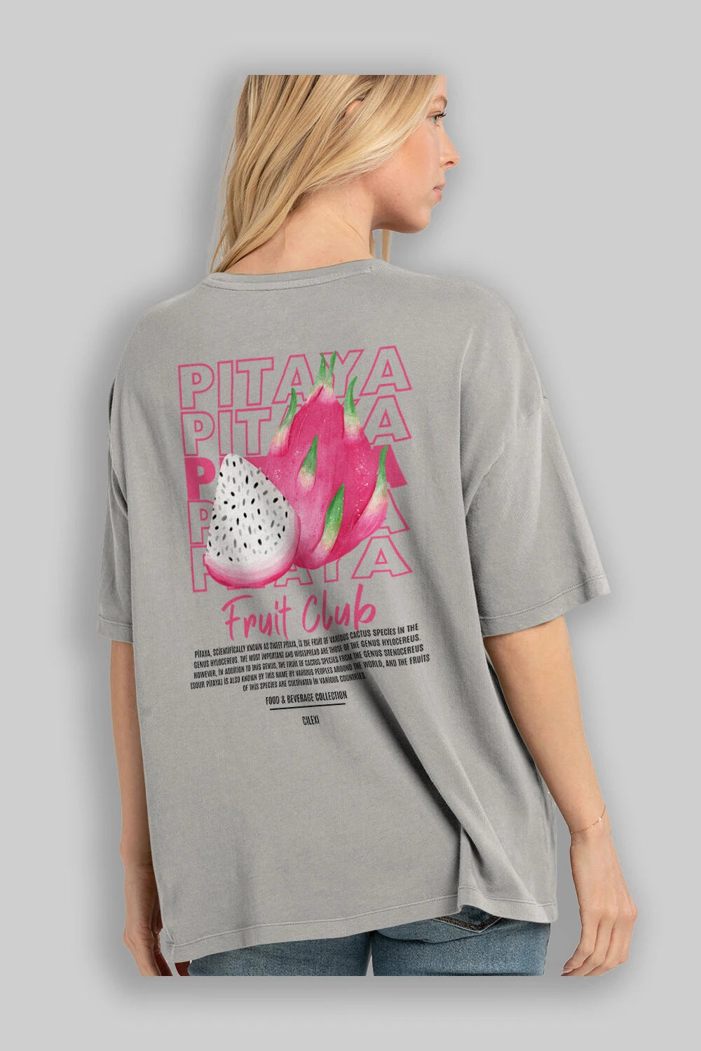 Pitaya Arka Baskılı Oversize t-shirt Erkek Kadın Pamuk Bisiklet Yaka tişort