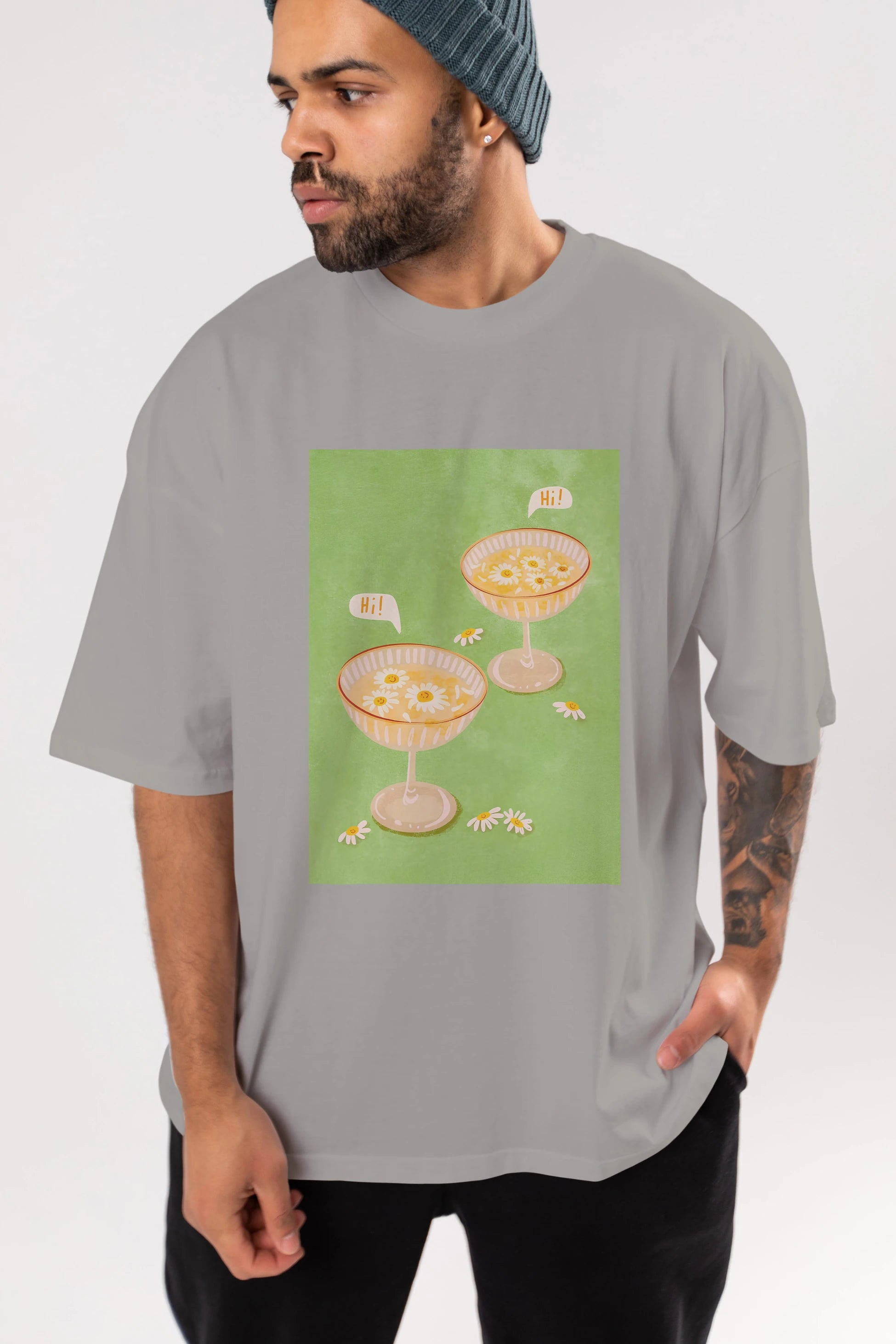 Hi Cheers Ön Baskılı Oversize t-shirt Erkek Kadın Unisex %100 Pamuk Bisiklet Yaka tişort