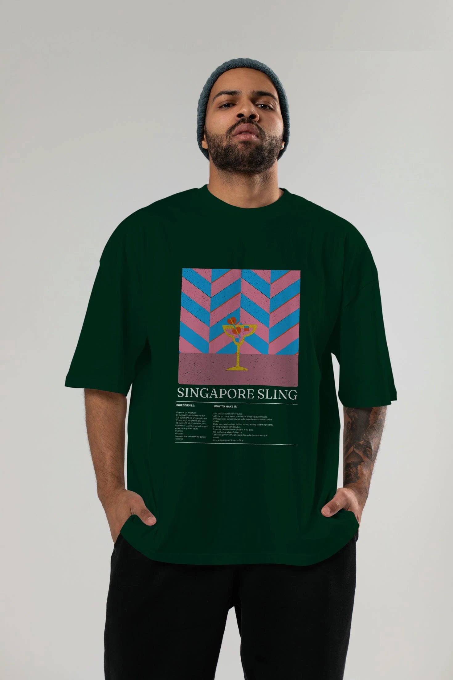 Sıngapore Sling Kokteyl Ön Baskılı Oversize t-shirt Erkek Kadın %100 Pamuk Bisiklet Yaka tişort