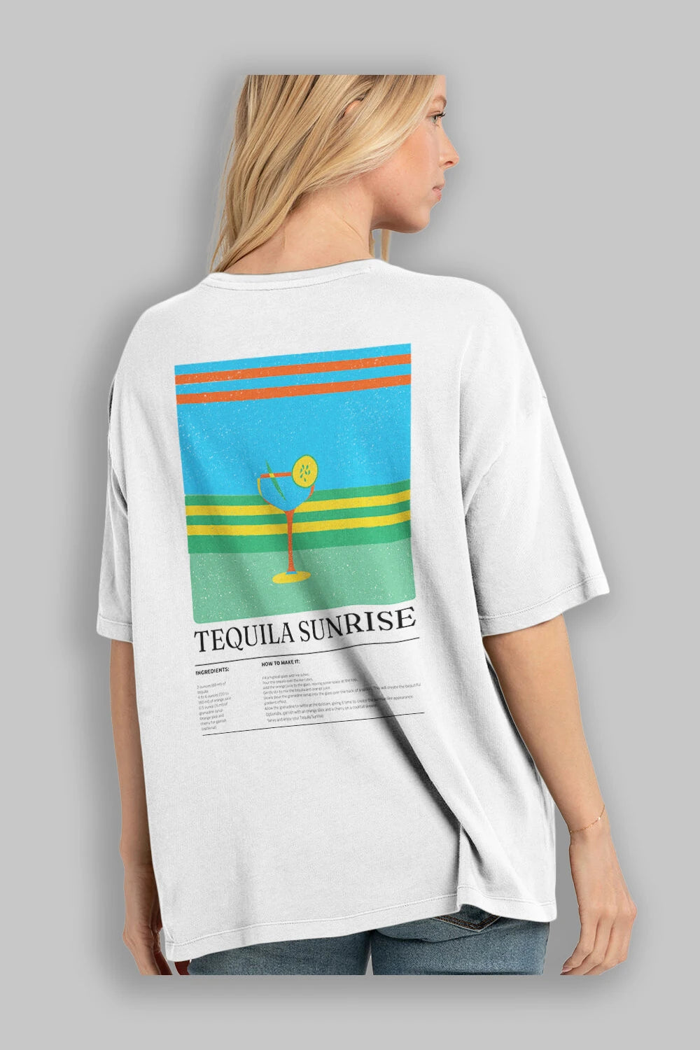 Tequila Sunrise Kokteyl Serisi Arka Baskılı Oversize t-shirt Erkek Kadın %100 Pamuk Bisiklet Yaka tişort