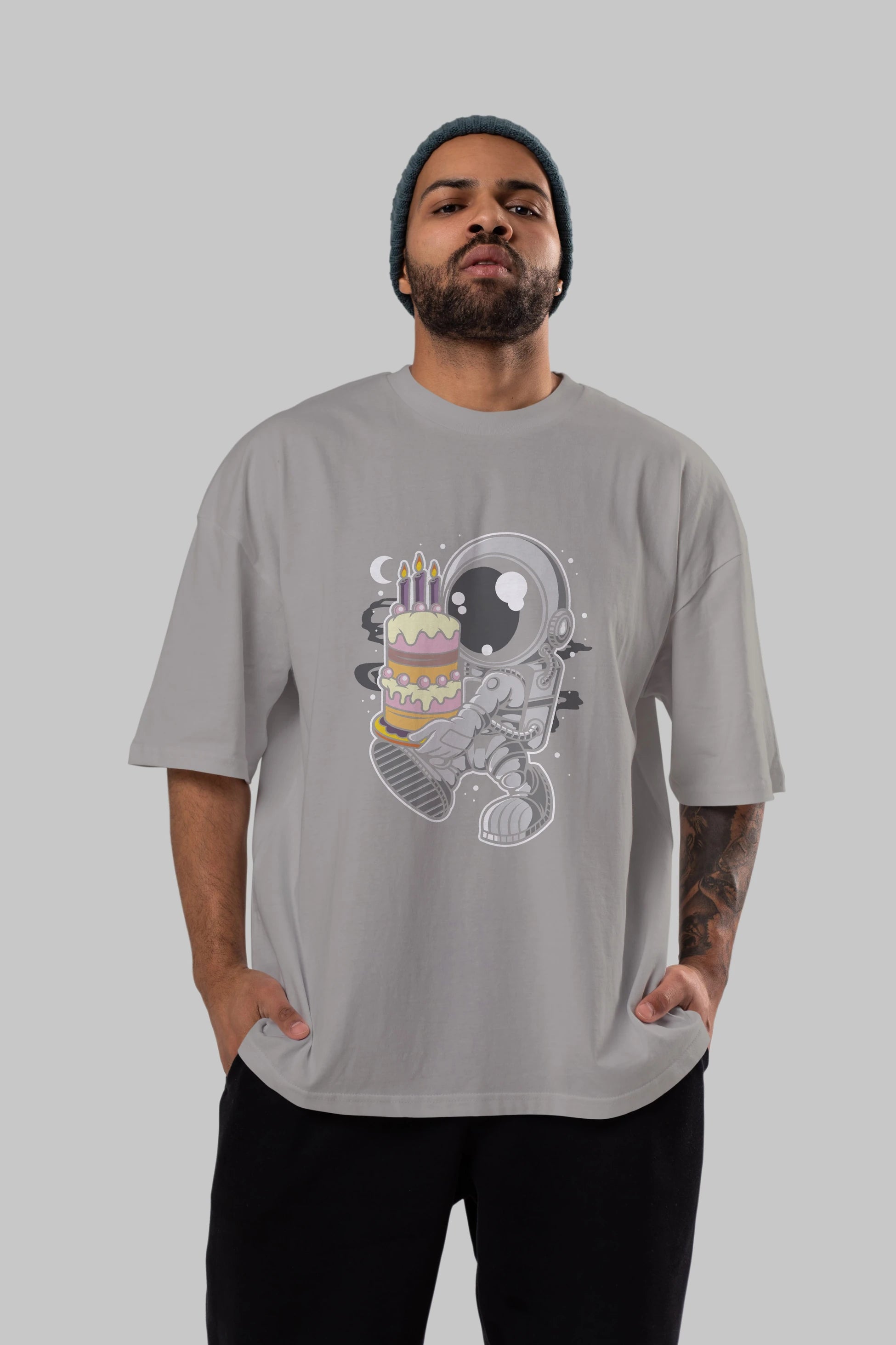 Astronaut Birthday Cake Ön Baskılı Oversize t-shirt Erkek Kadın Unisex