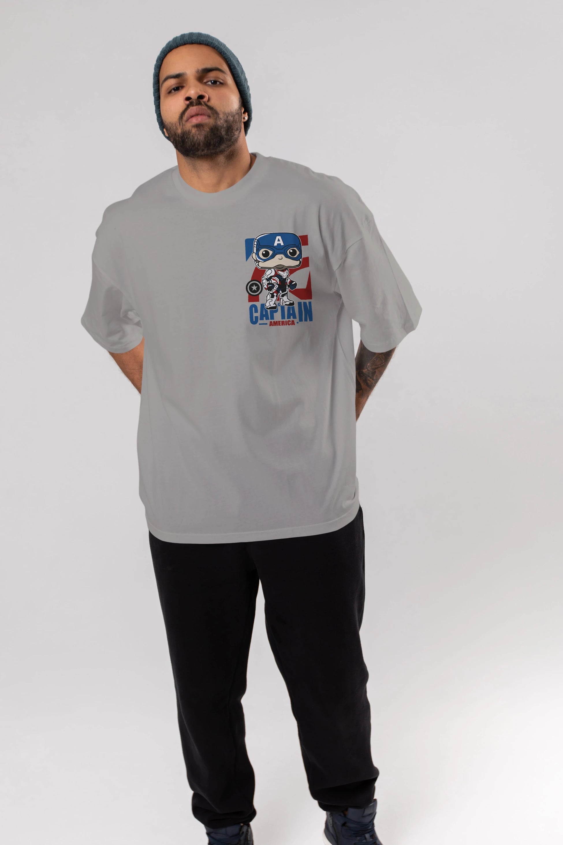 Captain America Ön Sol Baskılı Oversize t-shirt Erkek Kadın Unisex %100 Pamuk Bisiklet Yaka tişort