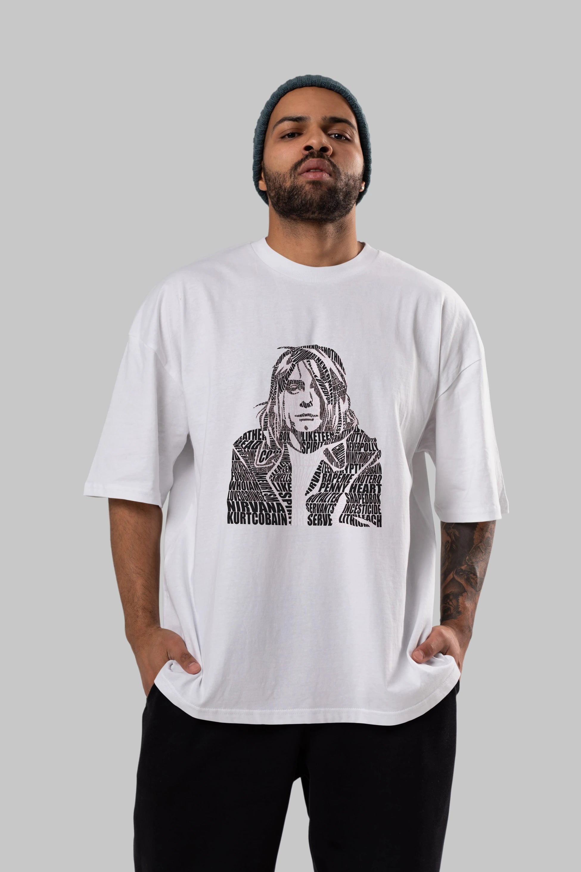 Kurt Cobain Calligram Ön Baskılı Oversize t-shirt %100 pamuk Erkek Kadın Unisex
