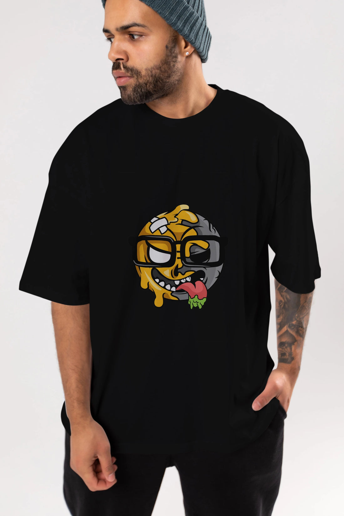 Smiley Nerd Ön Baskılı Oversize t-shirt Erkek Kadın Unisex %100 Pamuk tişort