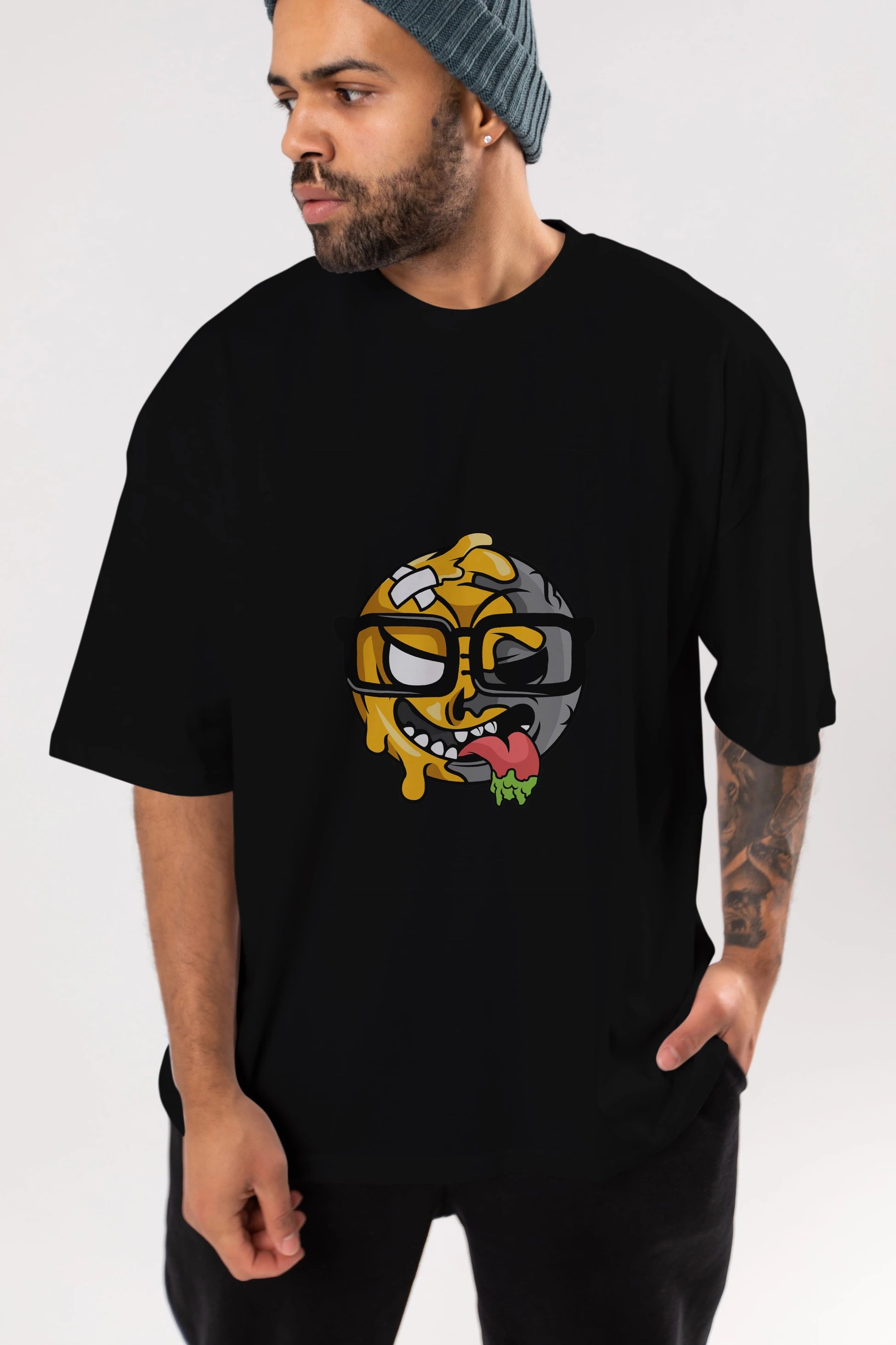 Smiley Nerd Ön Baskılı Oversize t-shirt Erkek Kadın Unisex %100 Pamuk tişort