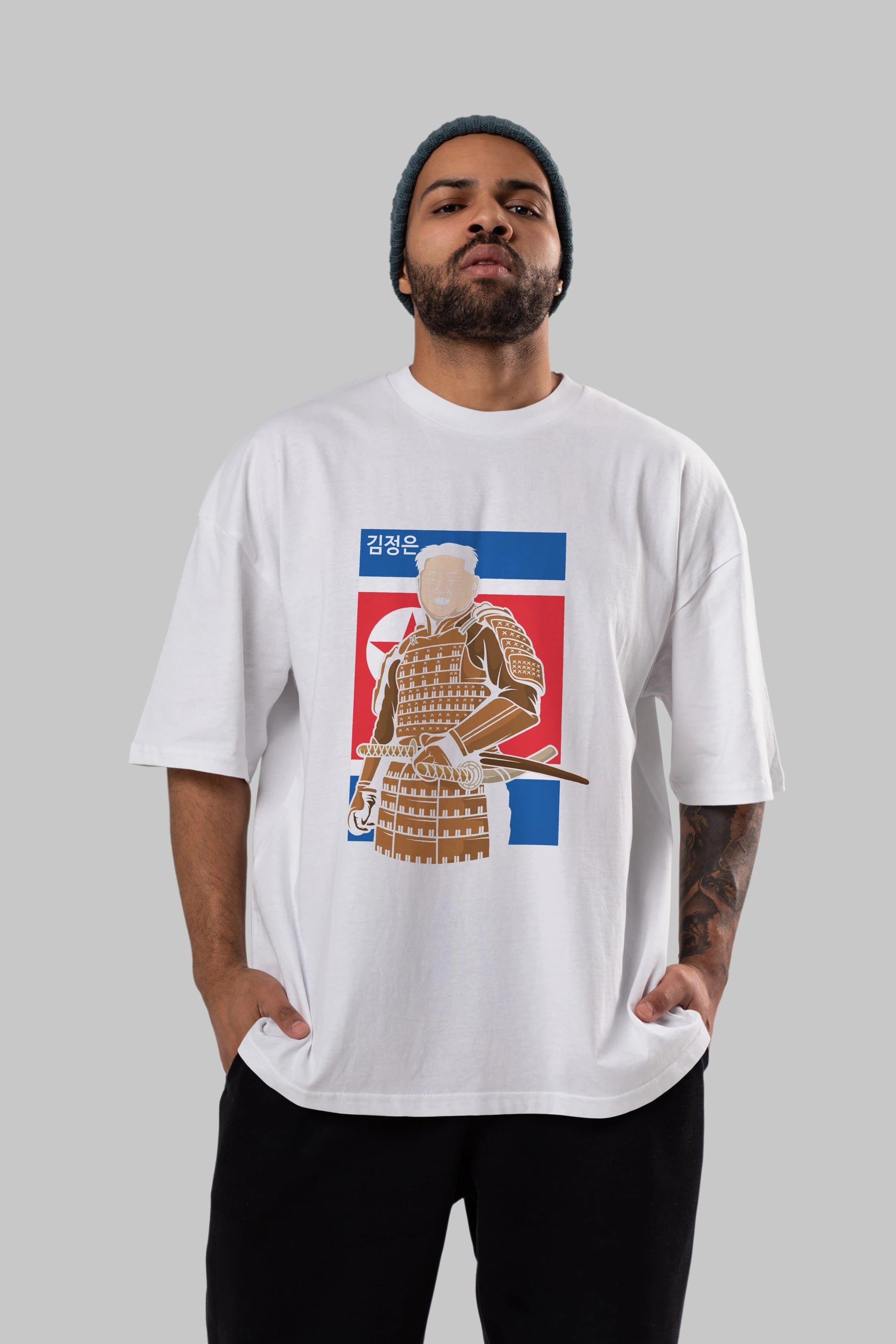 Samurai Jong Un Ön Baskılı Oversize t-shirt Erkek Kadın Unisex %100 Pamuk tişort