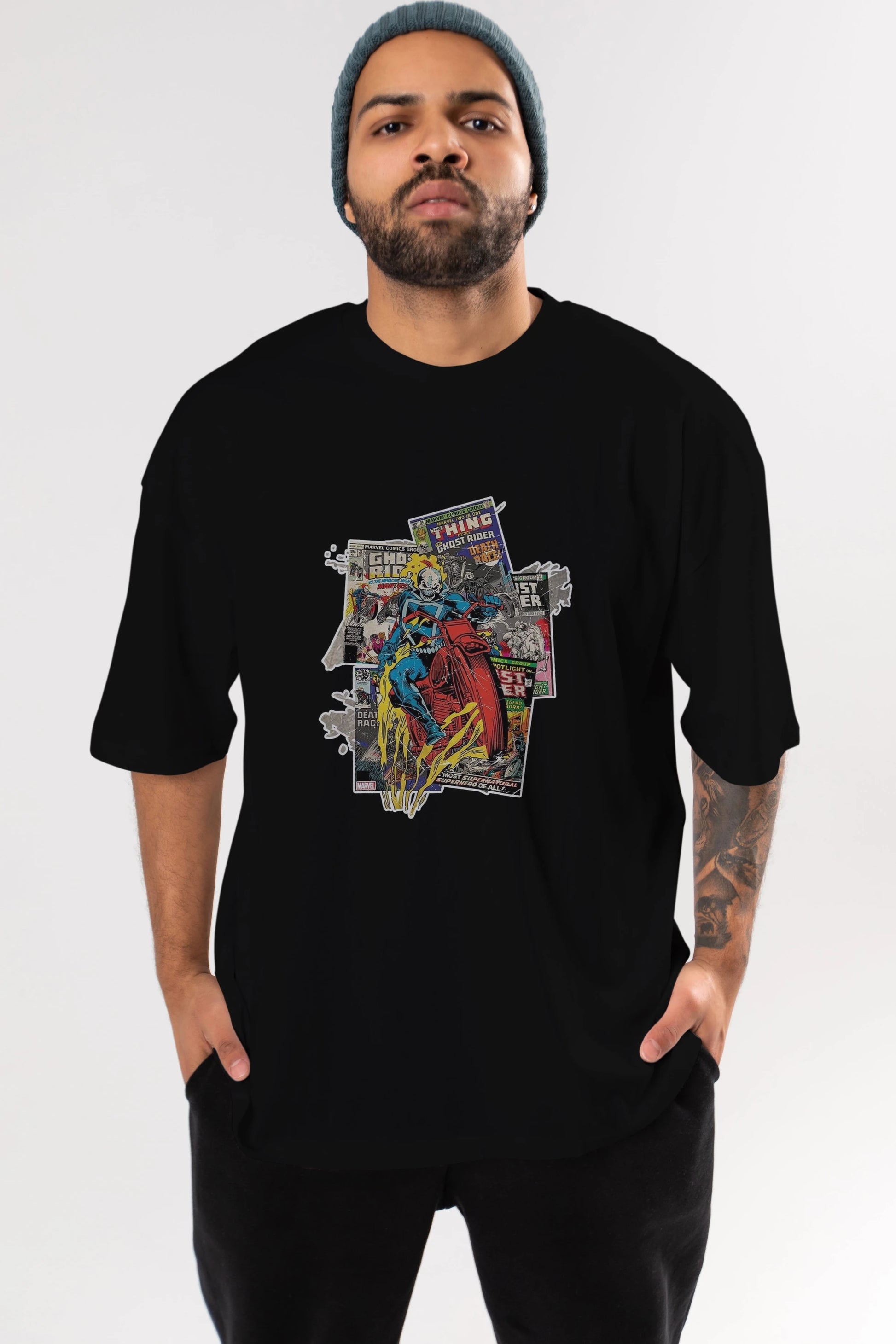 Ghost Rider Ön Baskılı Oversize t-shirt Erkek Kadın Unisex %100 Pamuk Bisiklet Yaka tişort