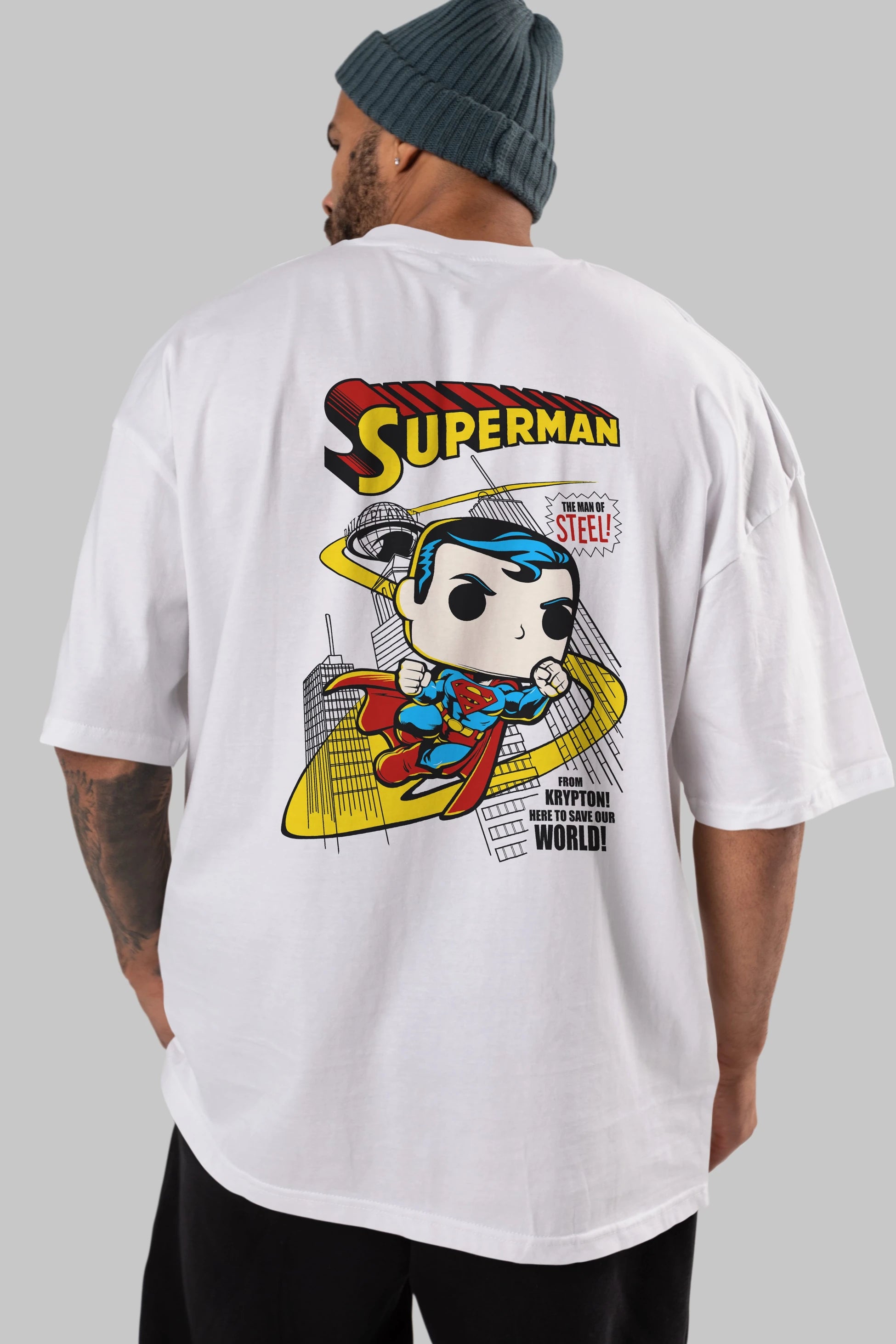 Superman (2) Arka Baskılı Oversize t-shirt Erkek Kadın Unisex %100 Pamuk Bisiklet Yaka tişort