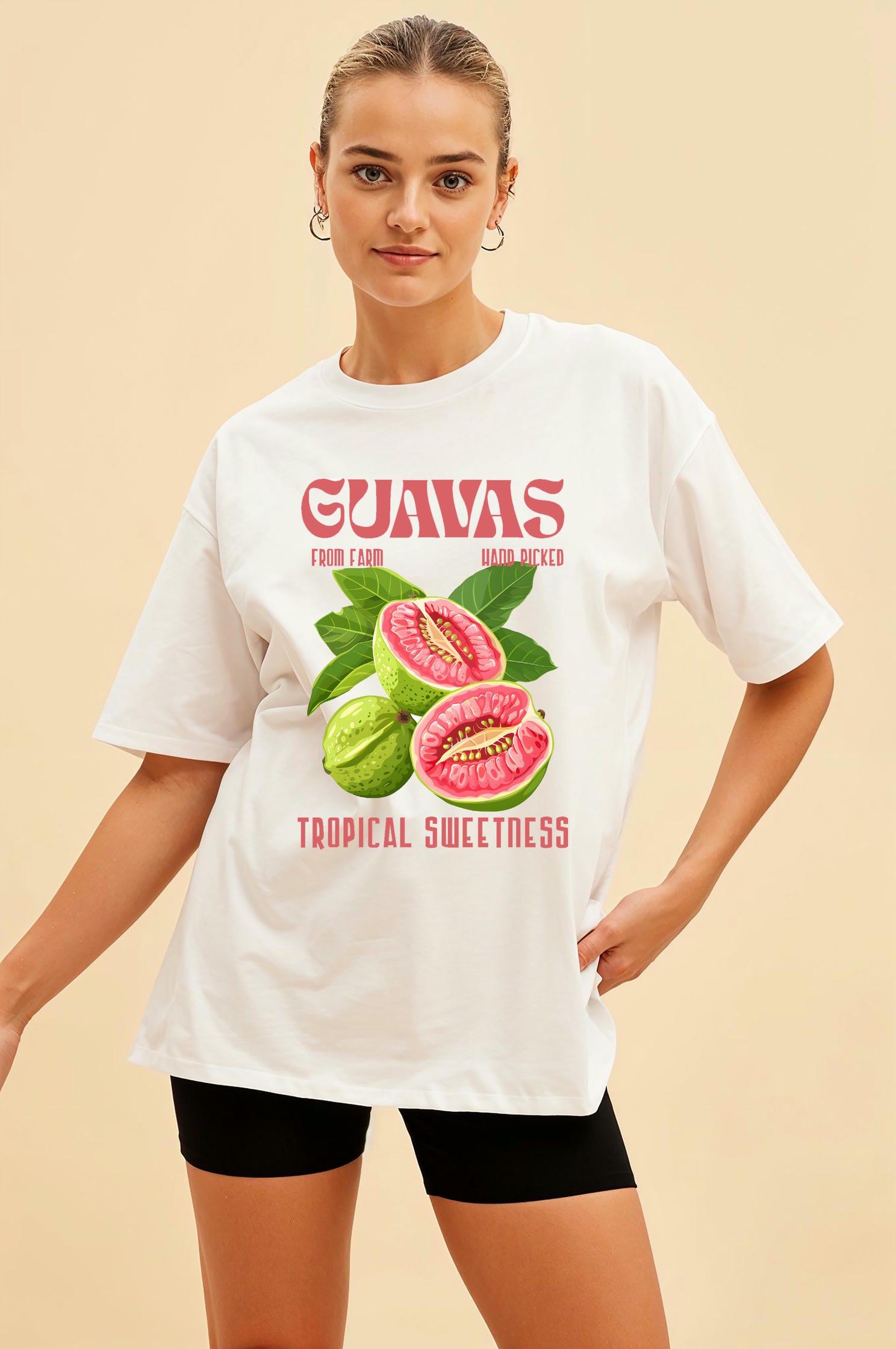Guavas Ön Baskılı Oversize t-shirt Erkek Kadın Pamuk Bisiklet Yaka tişort