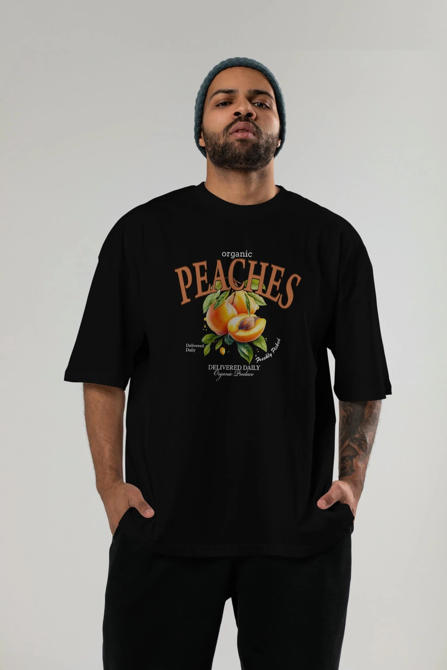 Peaches Ön Baskılı Oversize t-shirt Erkek Kadın Pamuk Bisiklet Yaka tişort