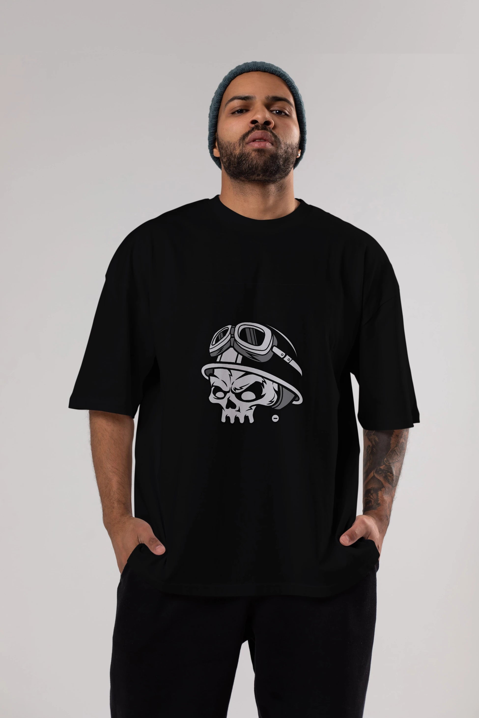 Biker Helmet Ön Baskılı Oversize t-shirt Erkek Kadın Unisex %100 Pamuk tişort