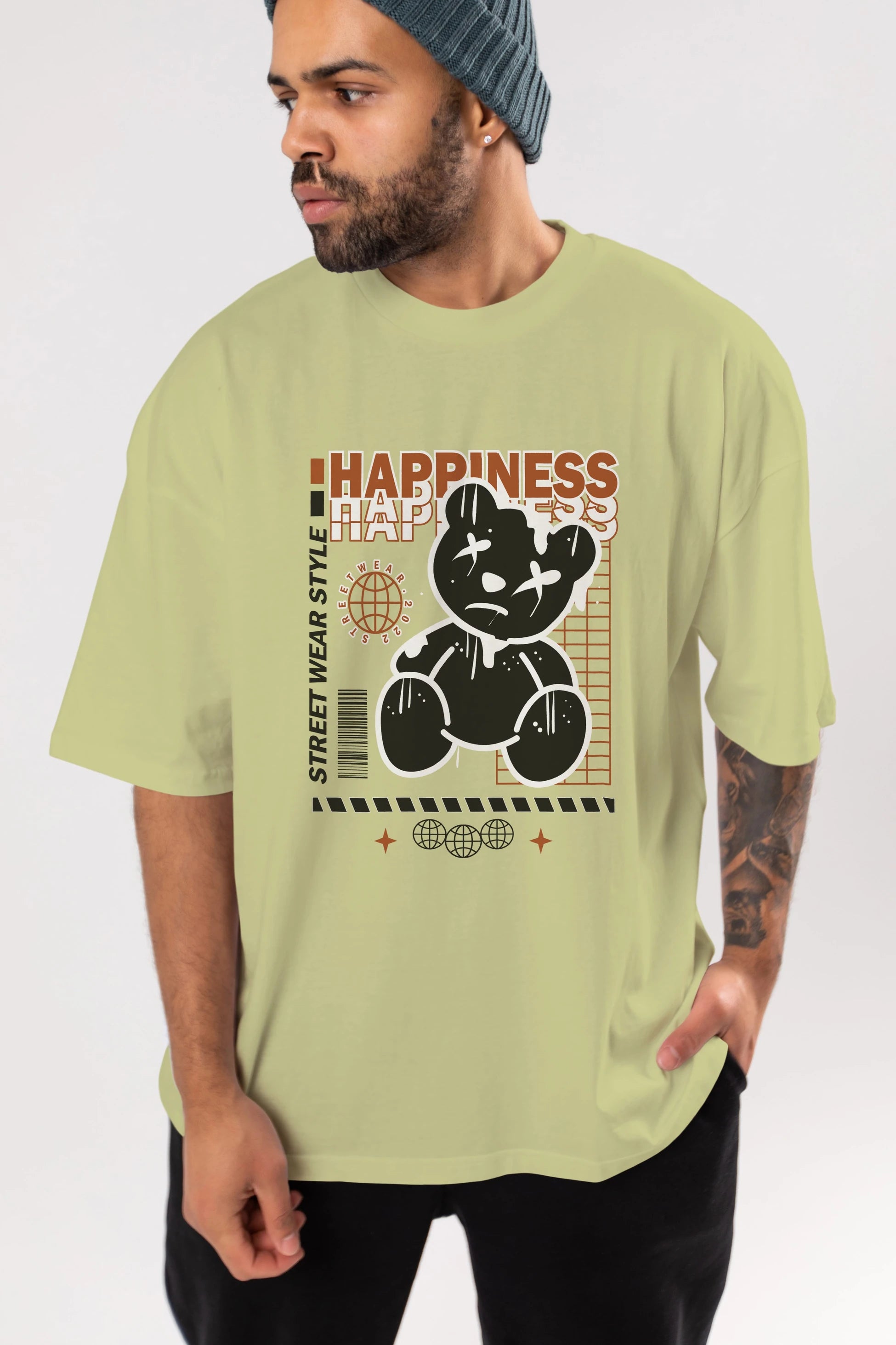 Happiness Bear 2 Ön Baskılı Oversize t-shirt Erkek Kadın Unisex