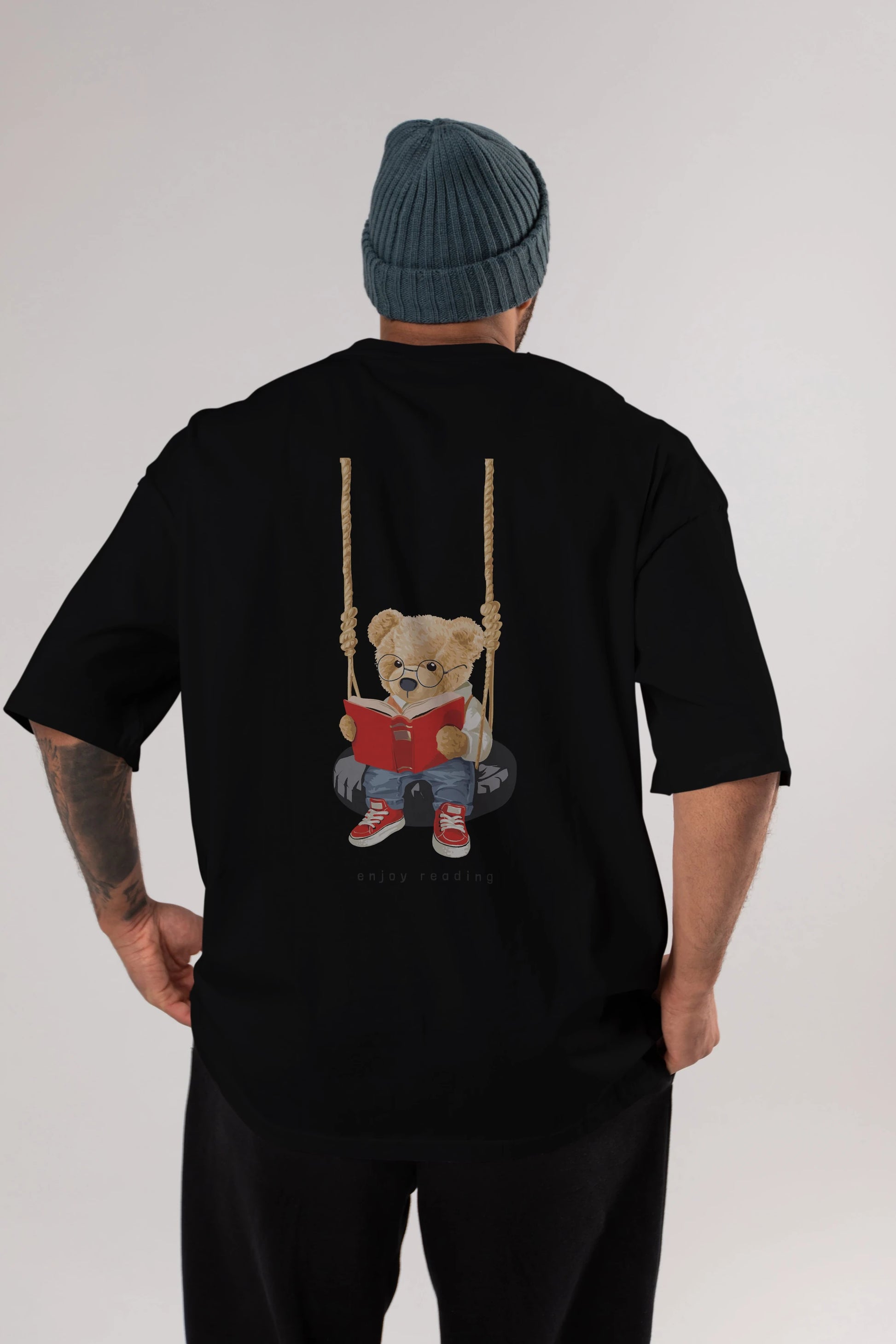 Teddy Bear Enjoy Reading Arka Baskılı Oversize t-shirt Erkek Kadın Unisex %100 Pamuk