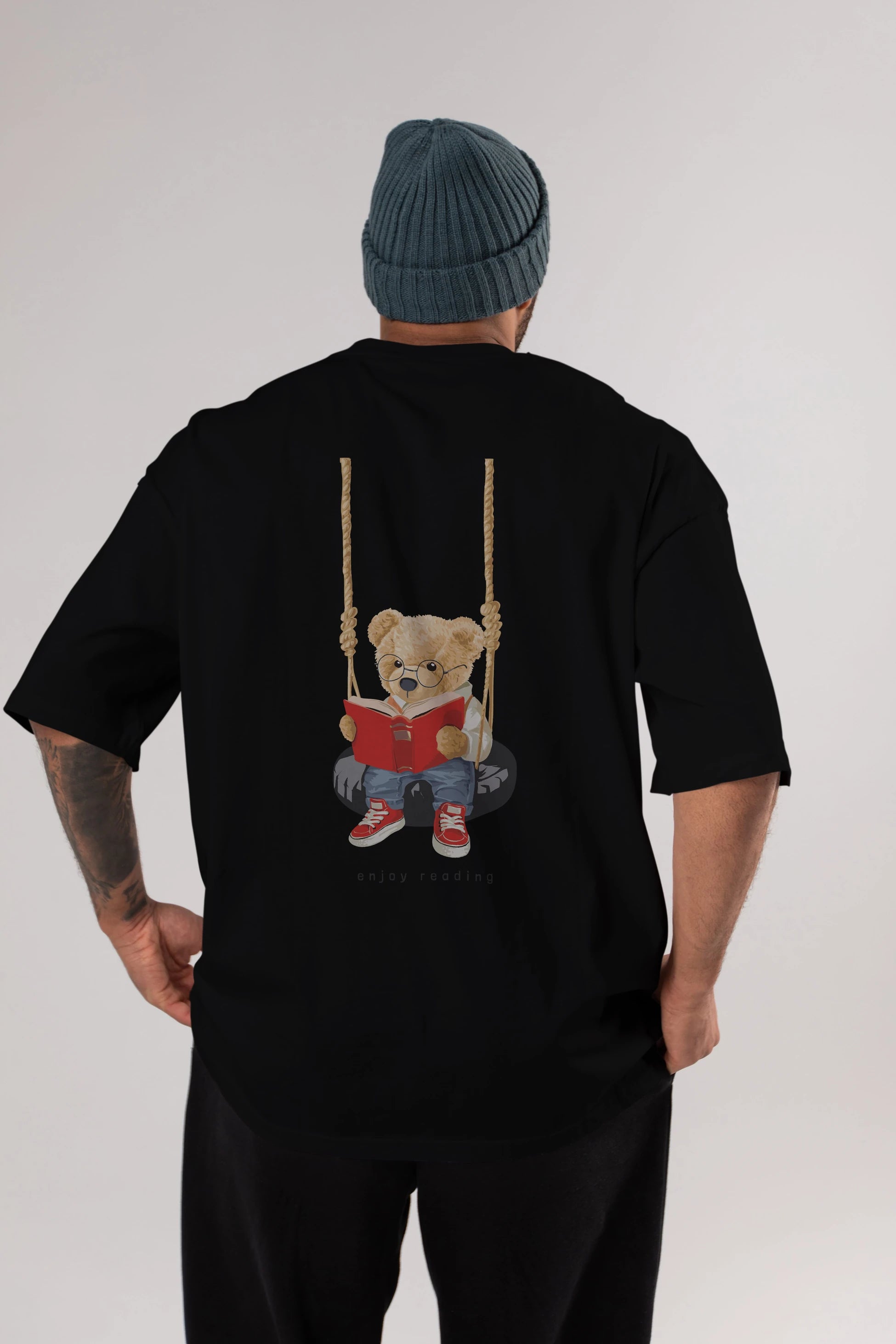 Teddy Bear Enjoy Reading Arka Baskılı Oversize t-shirt Erkek Kadın Unisex %100 Pamuk