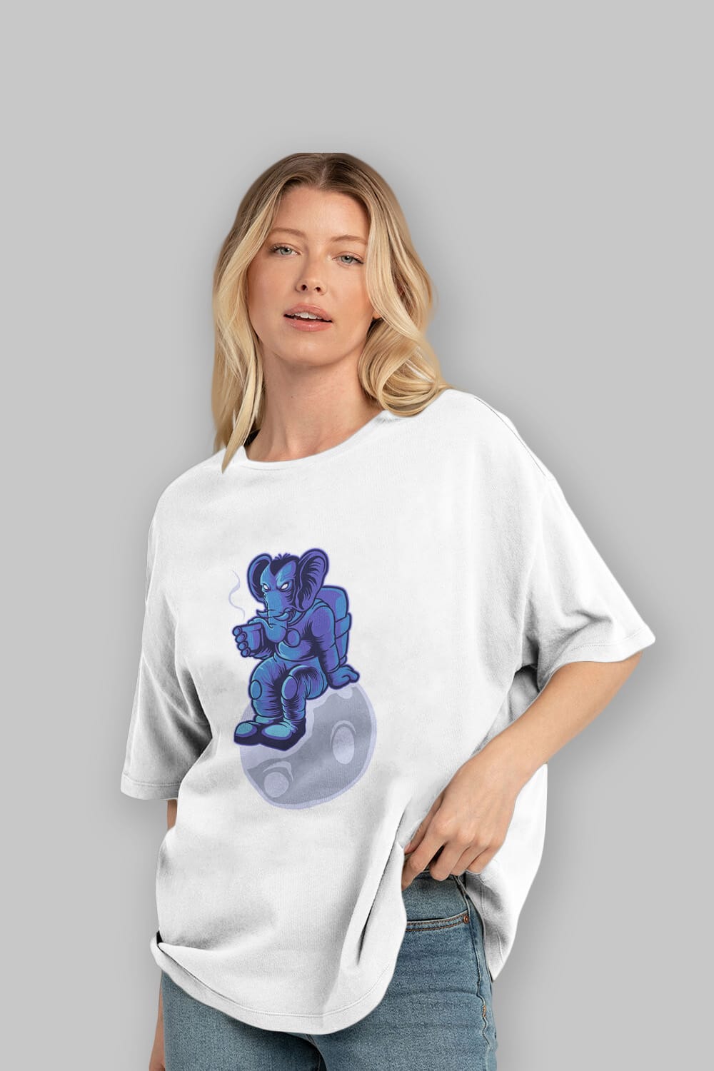 Space Elephant Drink Coffee Sticker Ön Baskılı Oversize t-shirt Erkek Kadın Unisex