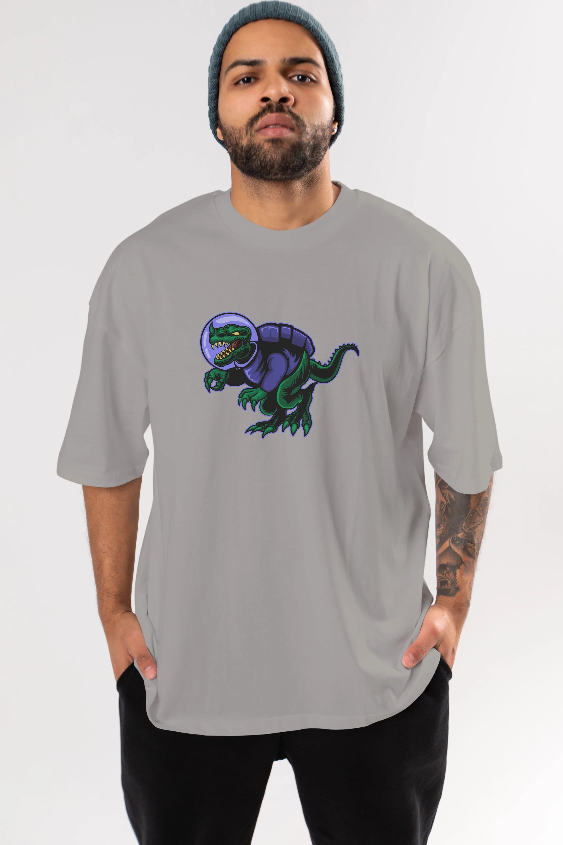 Space Dino Ön Baskılı Oversize t-shirt Erkek Kadın Unisex