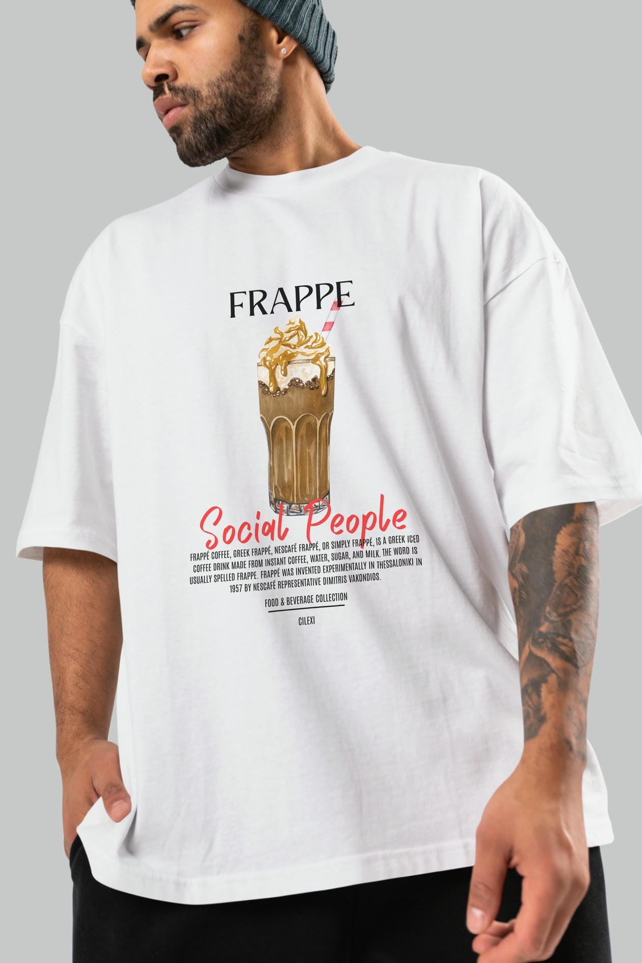 Frappe Kokteyl Serisi ön Baskılı Oversize t-shirt Erkek Kadın %100 Pamuk Bisiklet Yaka tişort