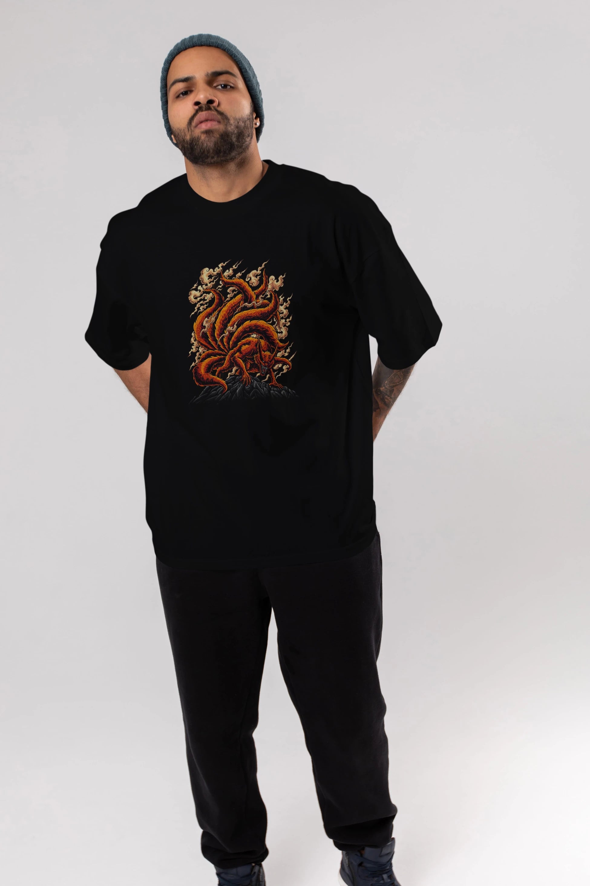 NARUTO KYUUBI Anime Ön Baskılı Oversize t-shirt %100 pamuk Erkek Kadın Unisex