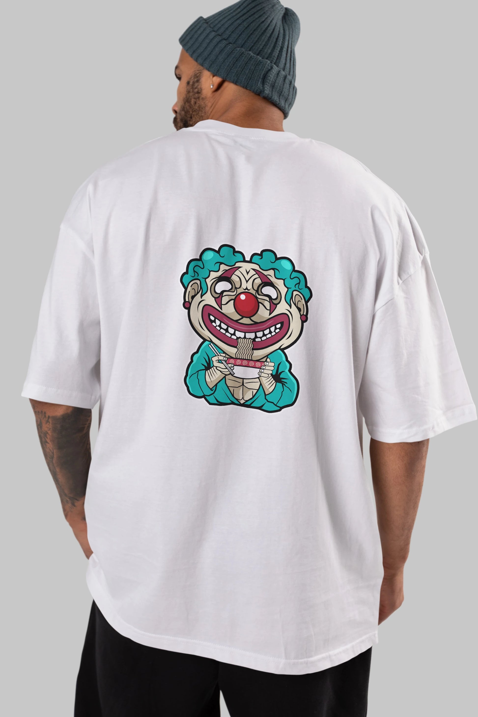 Clown Ramen Arka Baskılı Oversize t-shirt Erkek Kadın Unisex %100 Pamuk tişort