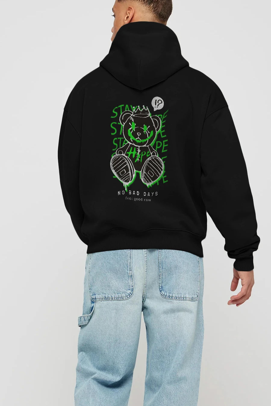 Stay Hype Bear Arka Baskılı Hoodie Oversize Kapüşonlu Sweatshirt Erkek Kadın Unisex
