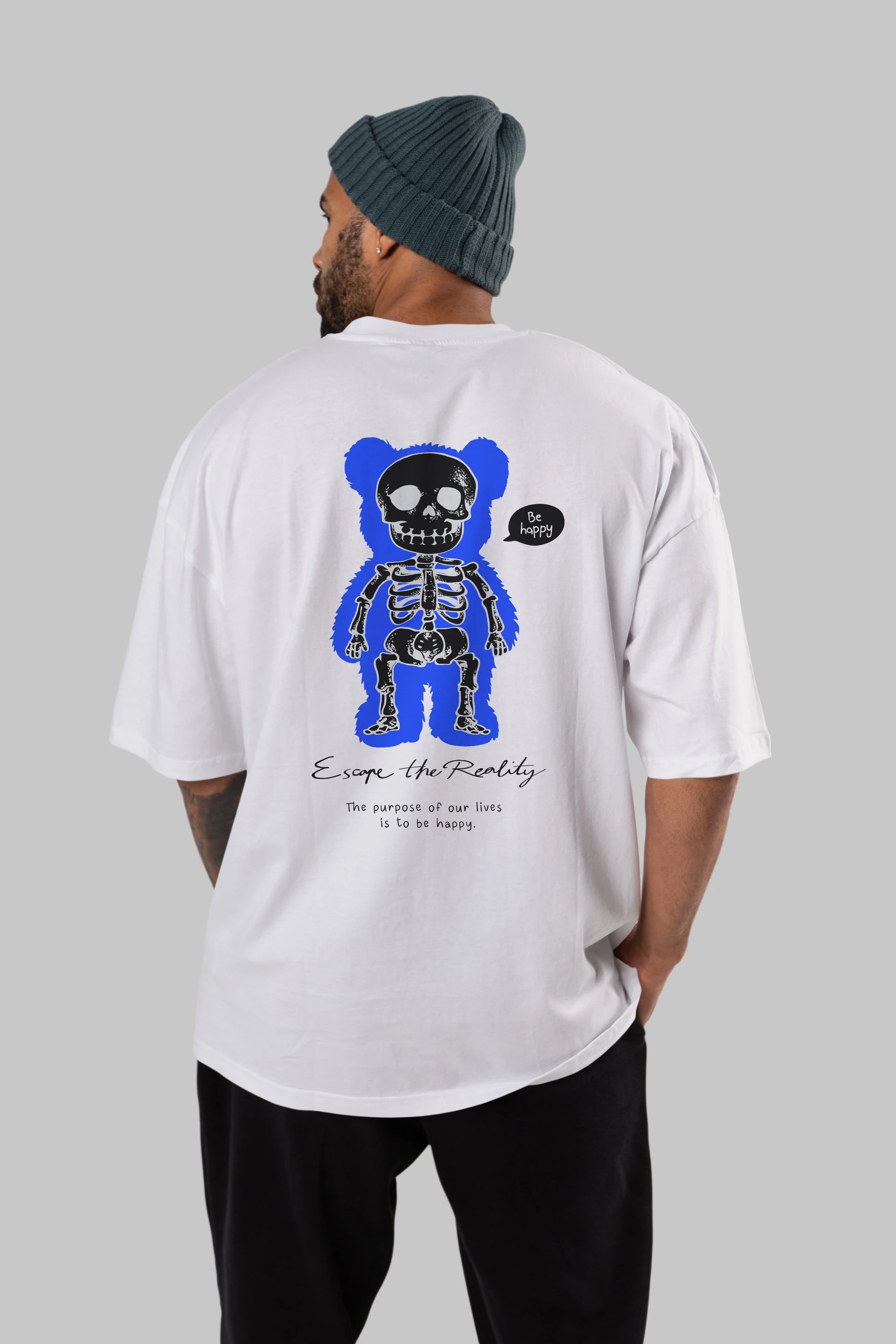Be Happy Bear Arka Baskılı Oversize t-shirt Erkek Kadın Unisex