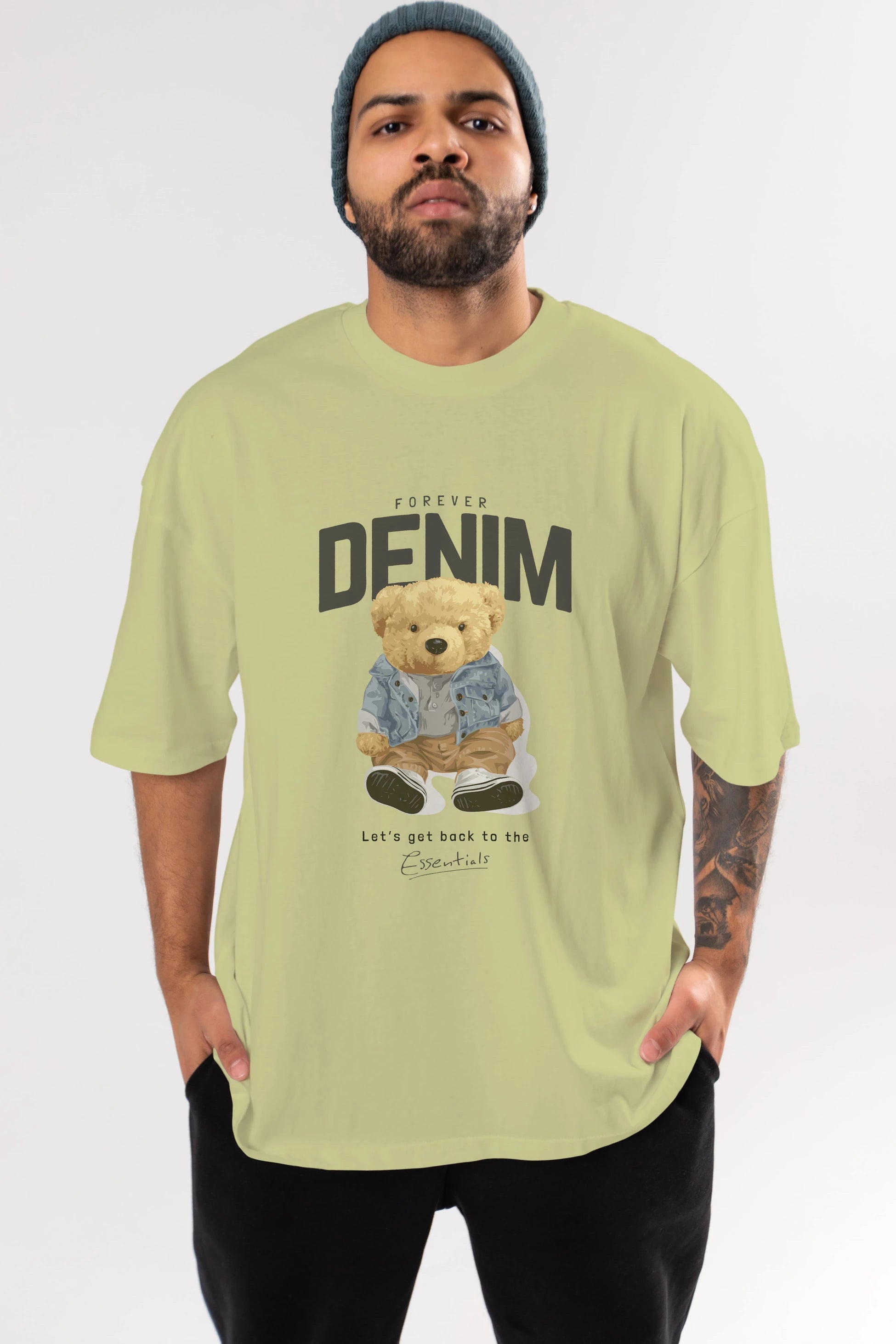 Teddy Bear Forever Denim Ön Baskılı Oversize t-shirt Erkek Kadın Unisex %100 Pamuk