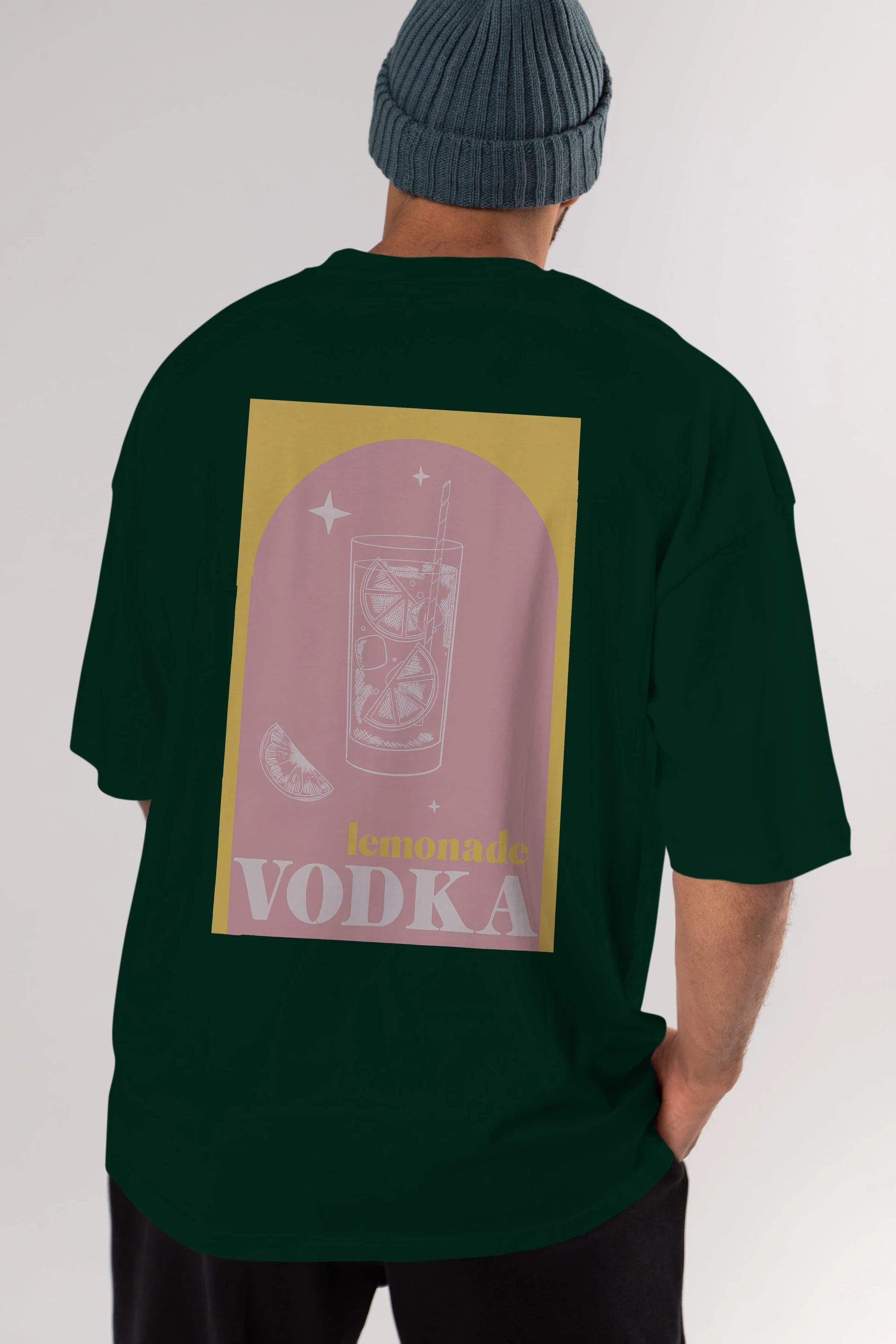 Vodka Limon Arka Baskılı Oversize t-shirt Erkek Kadın Unisex %100 Pamuk Bisiklet Yaka tişort