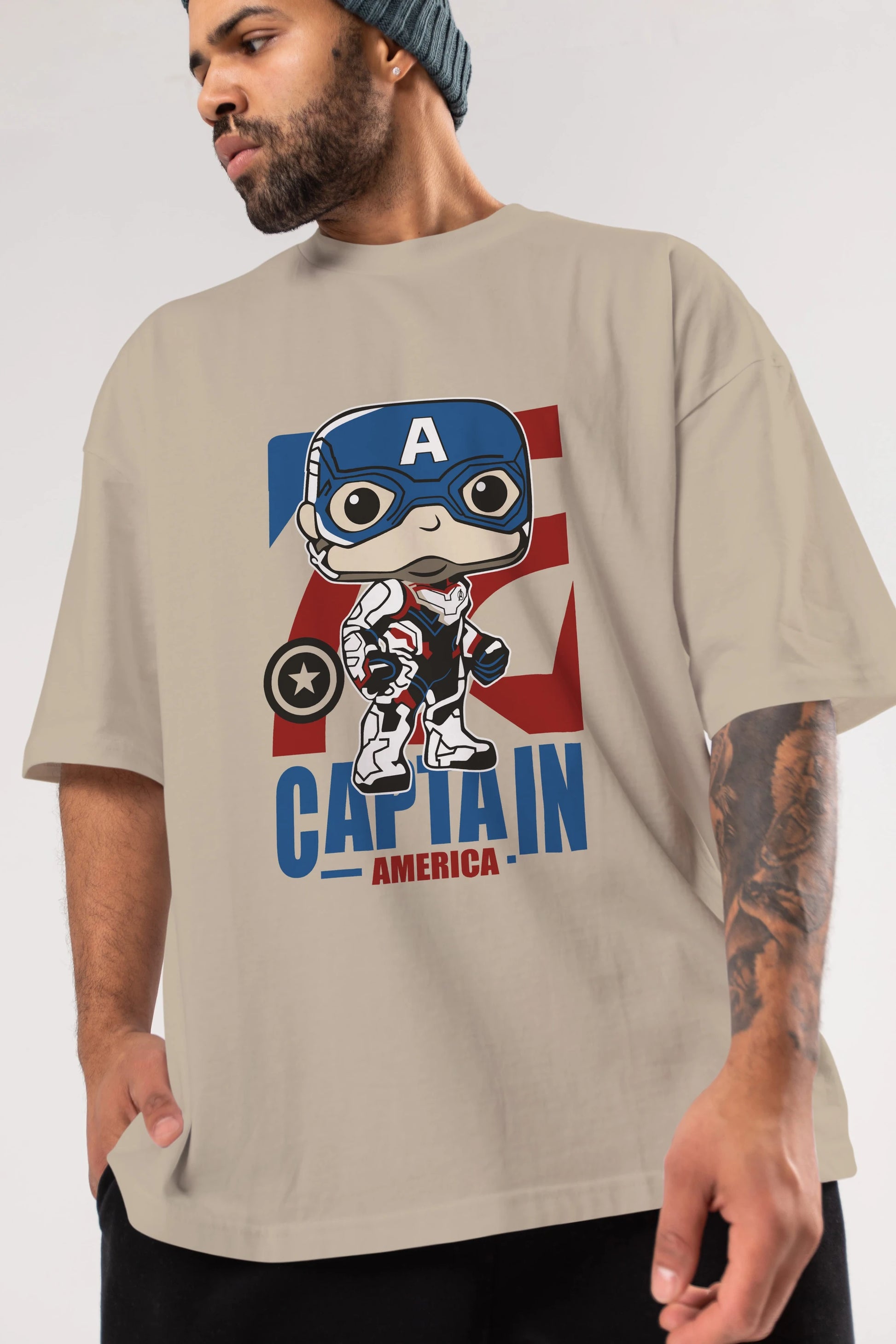 Captain America Ön Baskılı Oversize t-shirt Erkek Kadın Unisex %100 Pamuk Bisiklet Yaka tişort