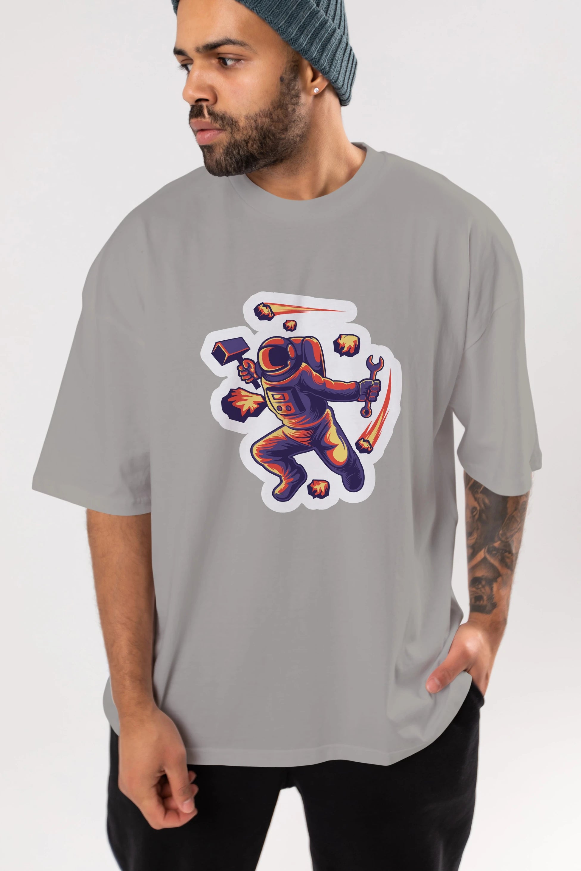 Astronaut Block Meteor Sticker Ön Baskılı Oversize t-shirt Erkek Kadın Unisex