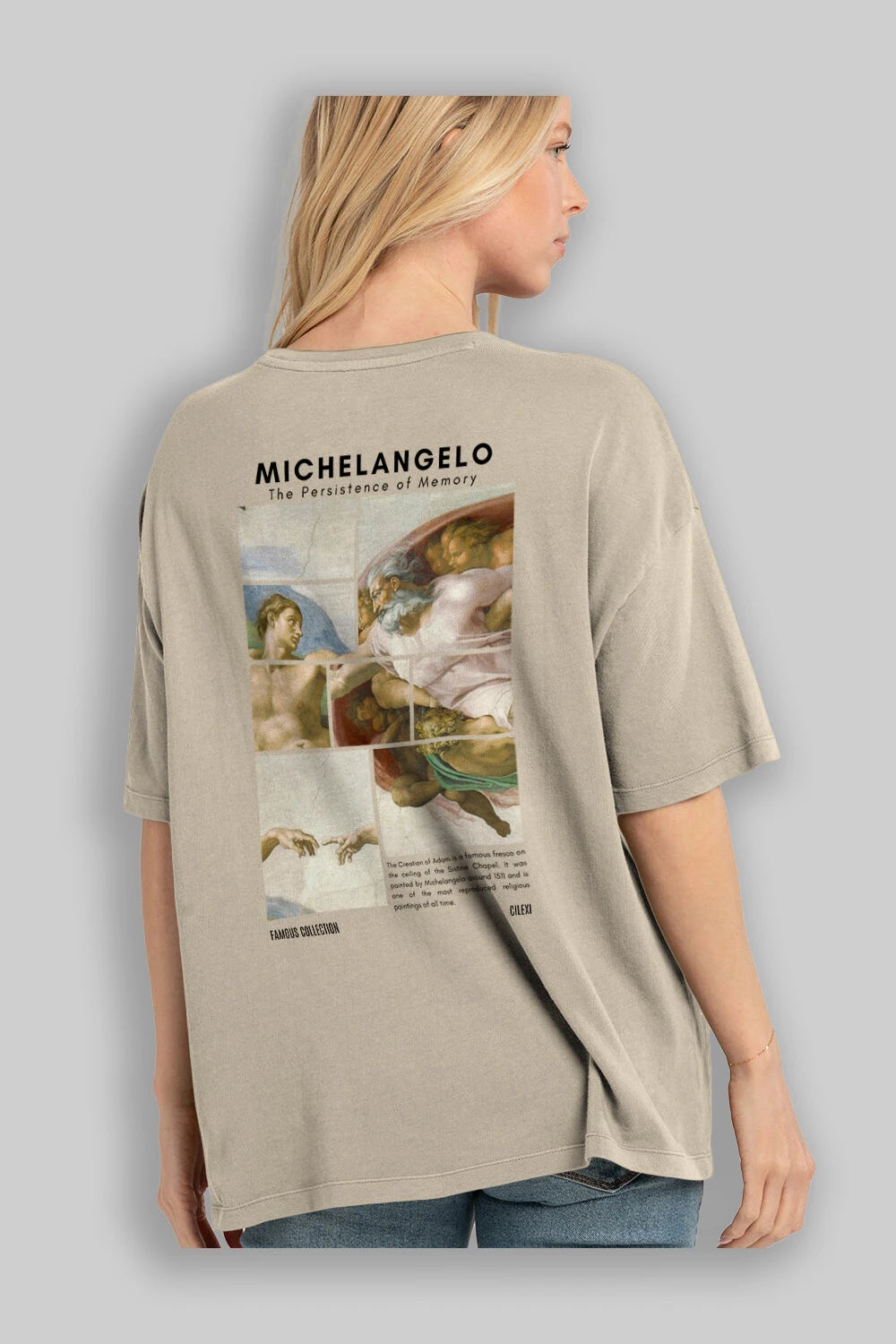 Michelangelo Arka Baskılı Oversize t-shirt Erkek Kadın Bisiklet Yaka Pamuk tişort