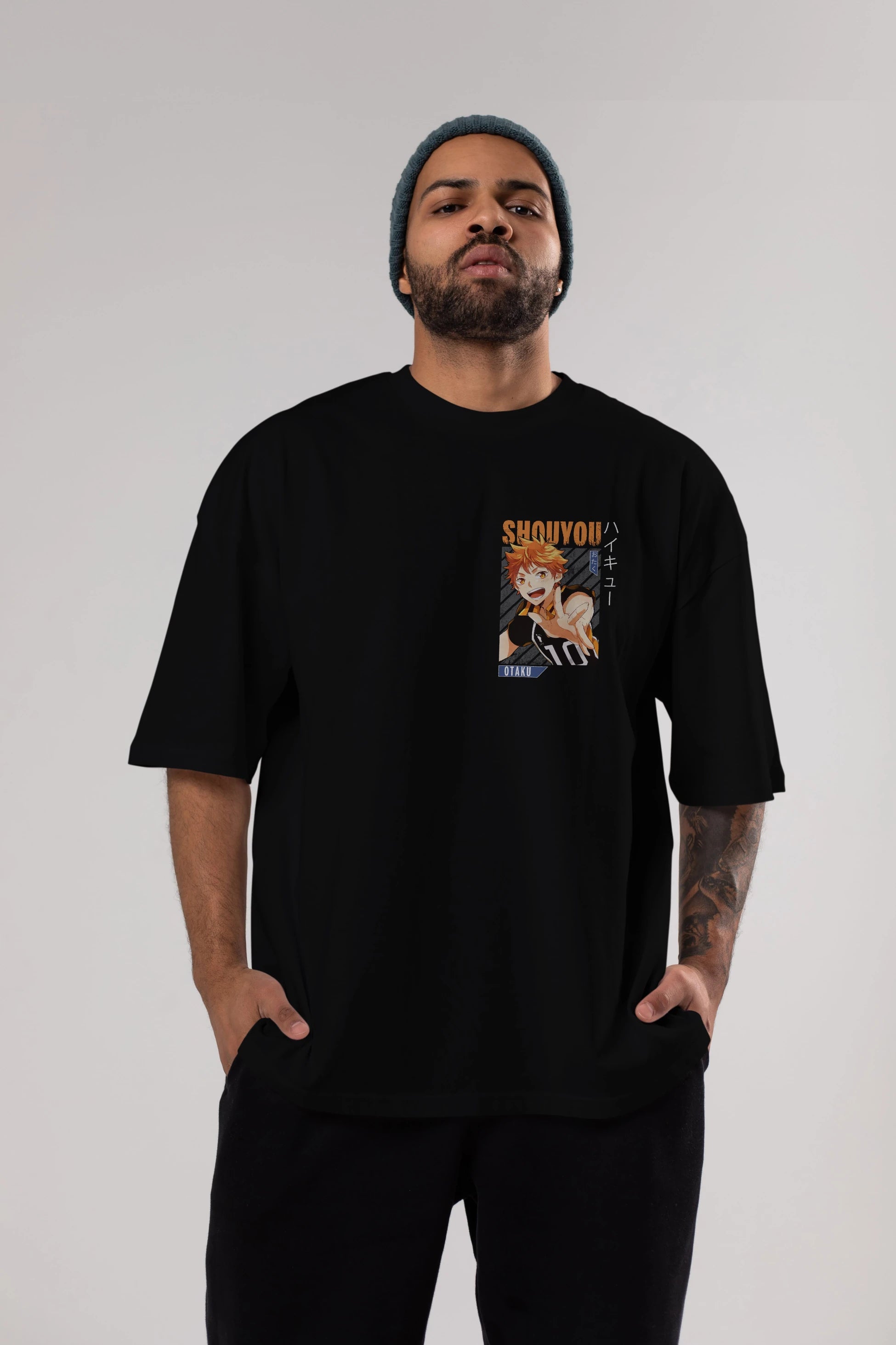 Shouyou Hinata 9 Ön Sol Baskılı Oversize t-shirt Erkek Kadın Unisex %100 Pamuk Bisiklet Yaka tişort