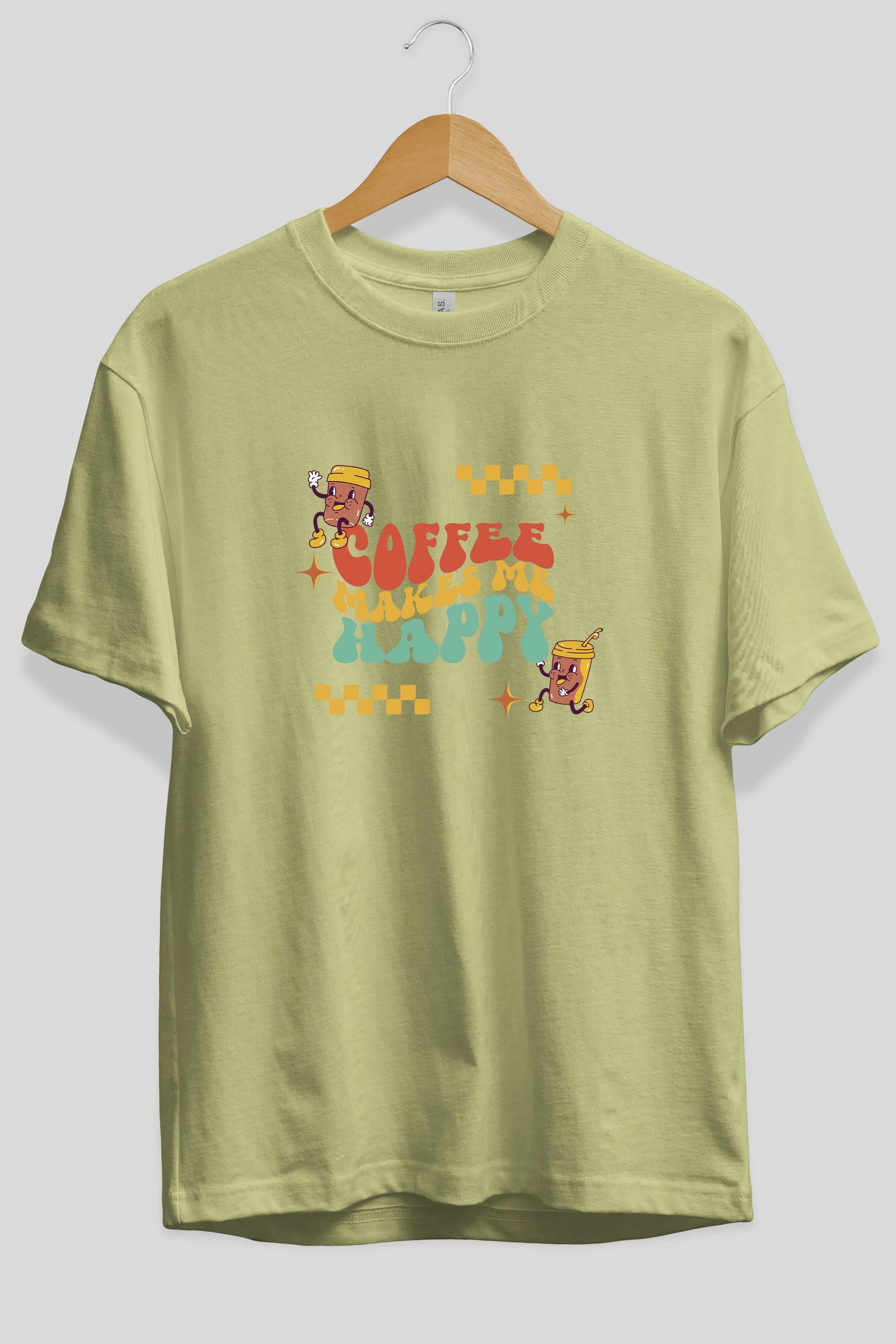 Coffee Makes Me Happy Yazılı Ön Baskılı Oversize t-shirt Erkek Kadın Unisex