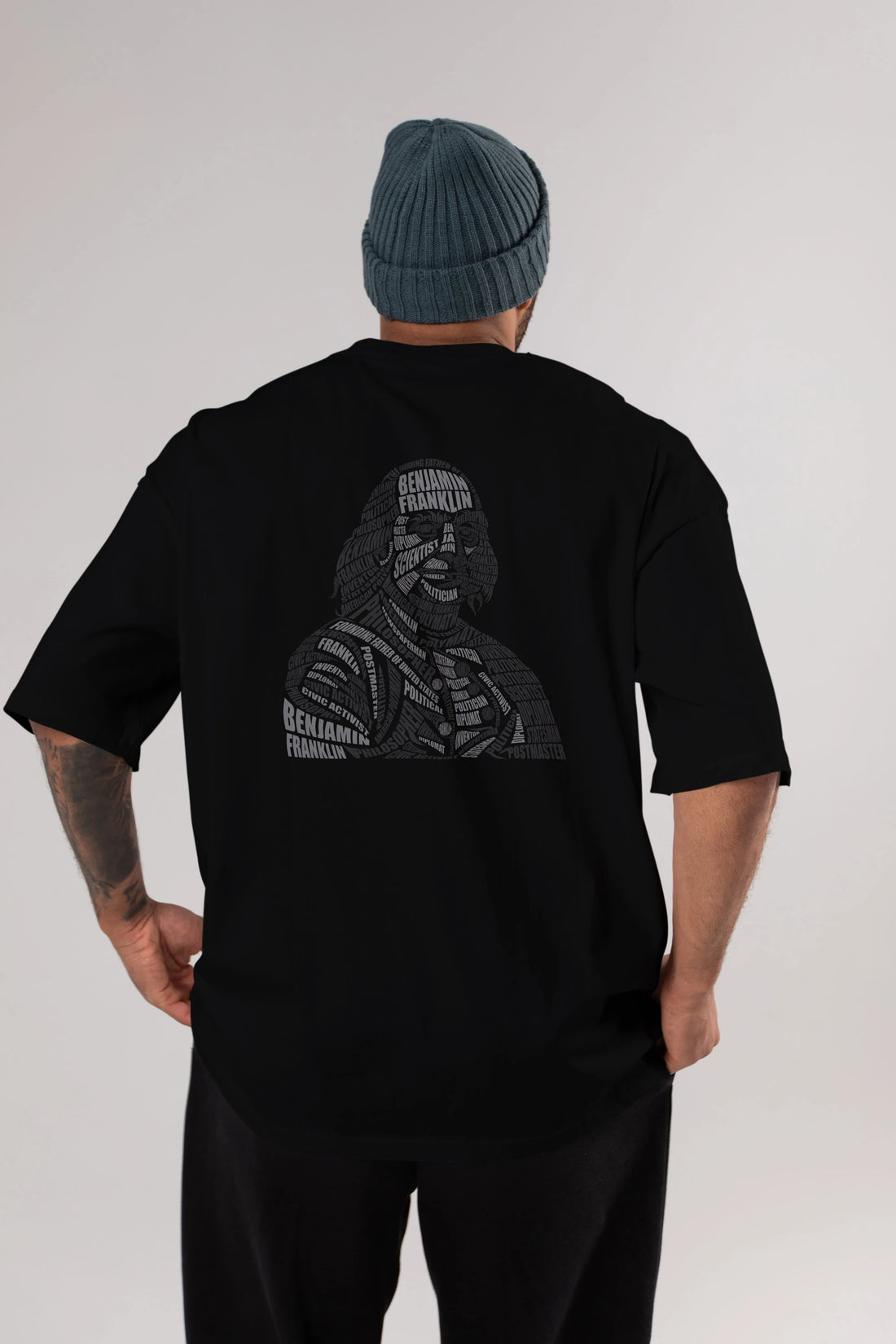 Benjamin Franklin Calligram Arka Baskılı Oversize t-shirt %100 pamuk Erkek Kadın Unisex