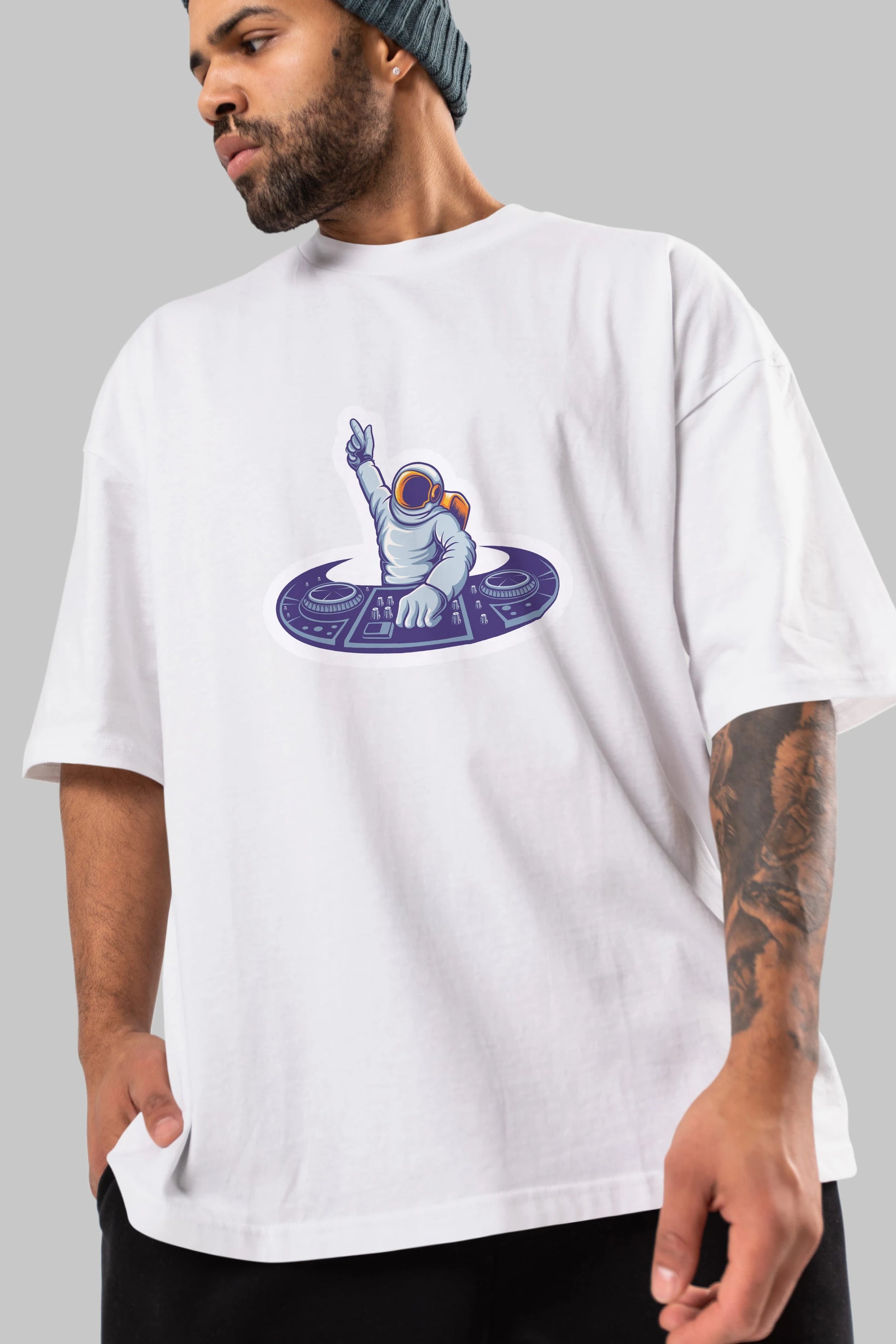 Astronaut Disk Jockey Party Sticker Ön Baskılı Oversize t-shirt Erkek Kadın Unisex