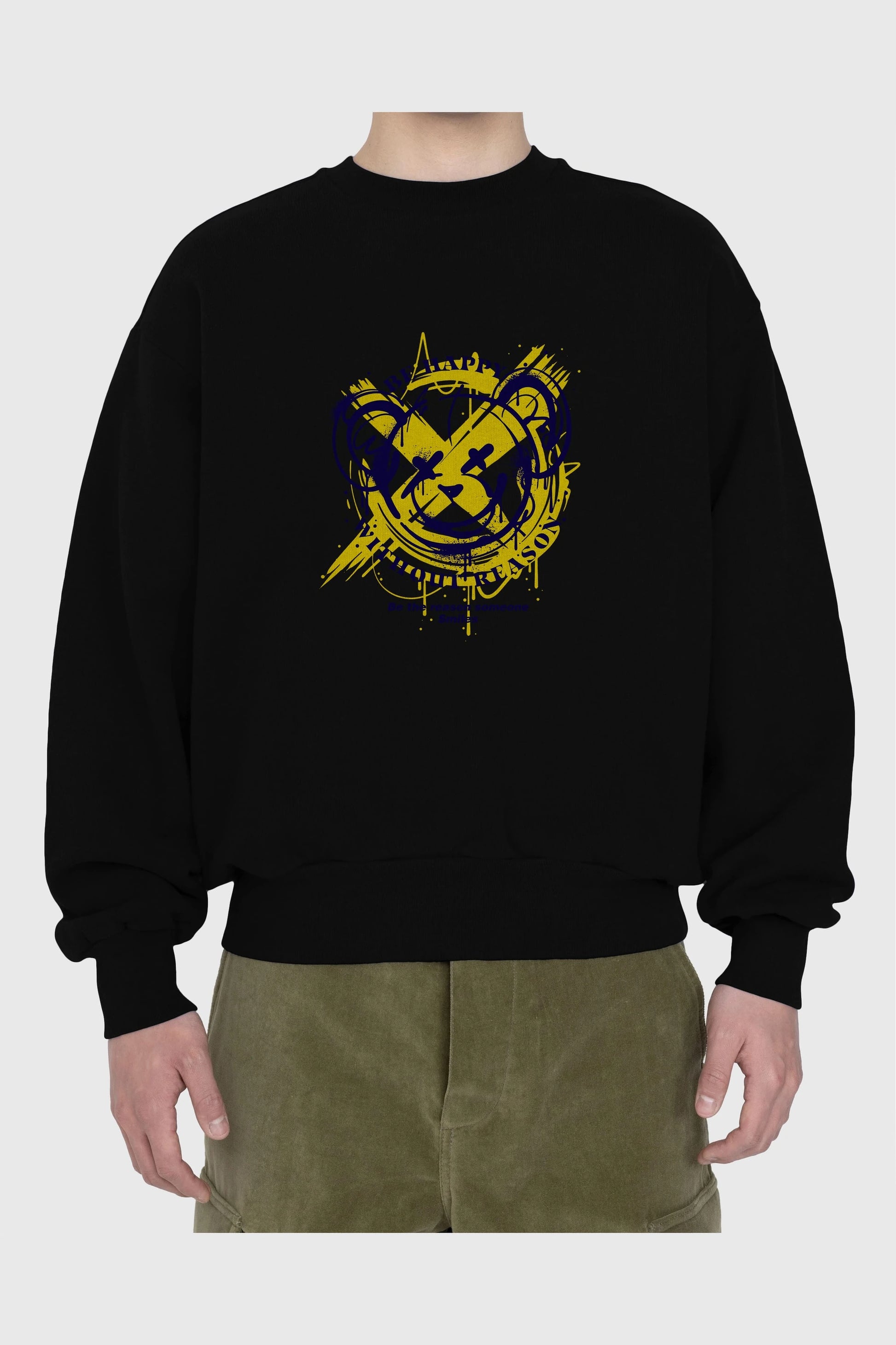 Be Happy Bear 2 Ön Baskılı Oversize Sweatshirt Erkek Kadın Unisex
