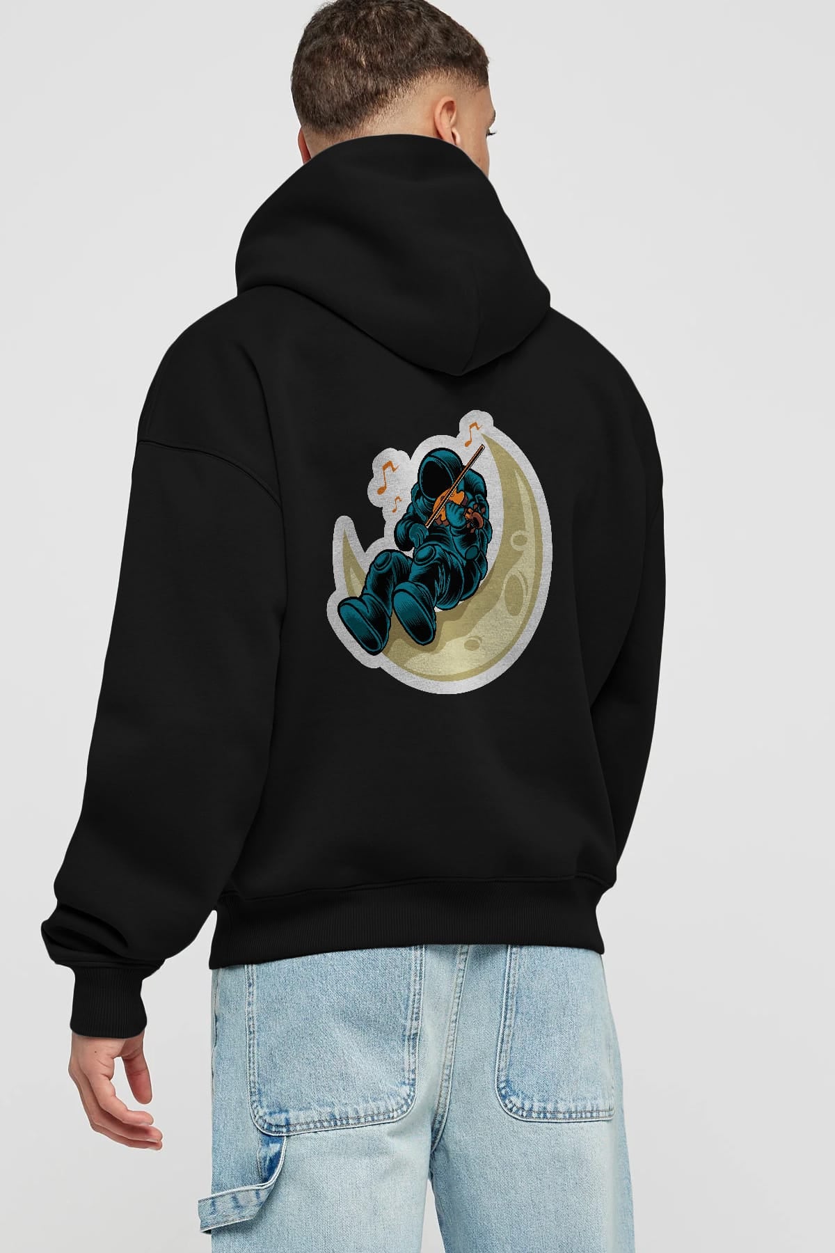 Playing Vionist in Space Sticker Arka Baskılı Hoodie Oversize Kapüşonlu Sweatshirt Erkek Kadın Unisex