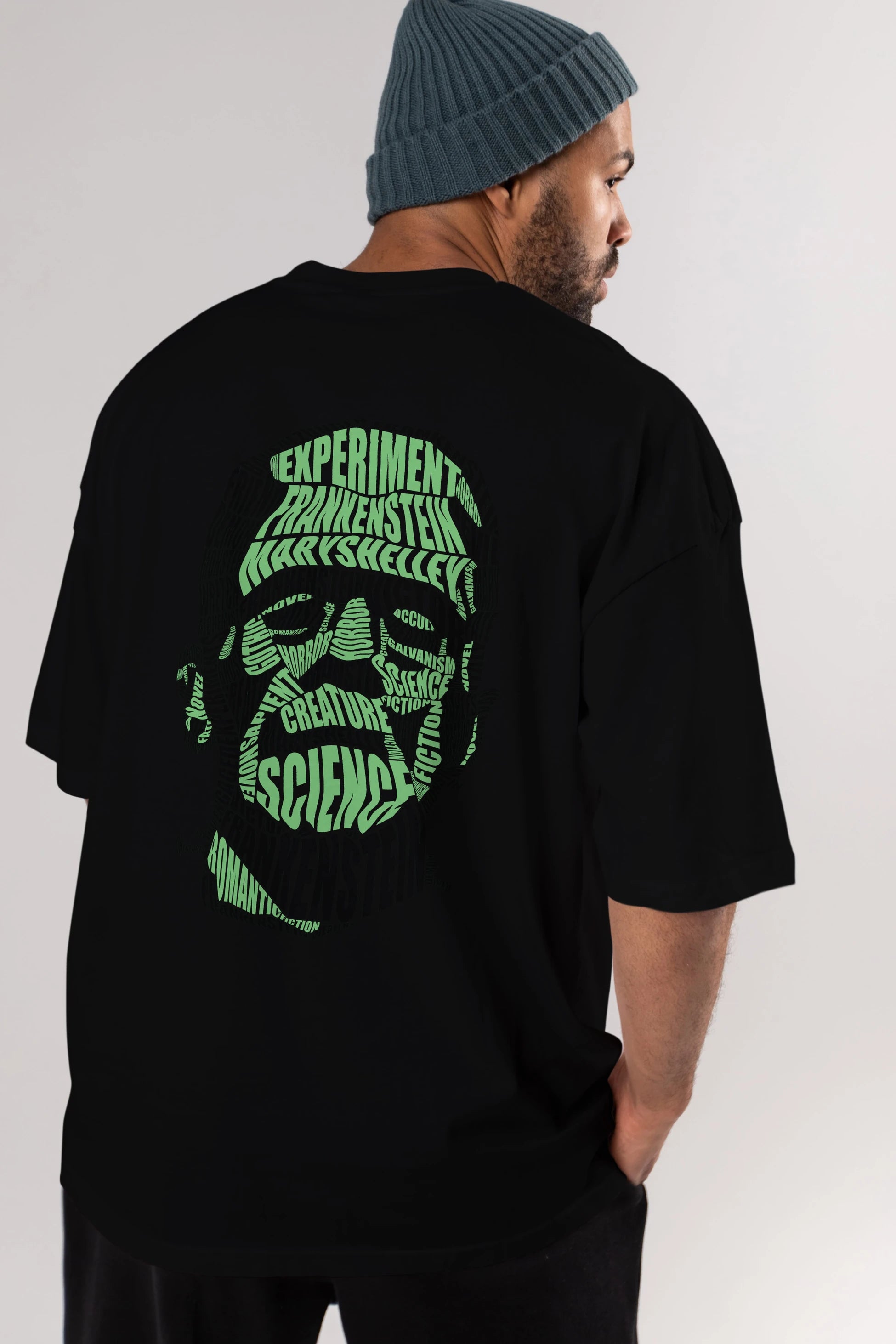 Frankenstein Calligram Arka Baskılı Oversize t-shirt %100 pamuk Erkek Kadın Unisex