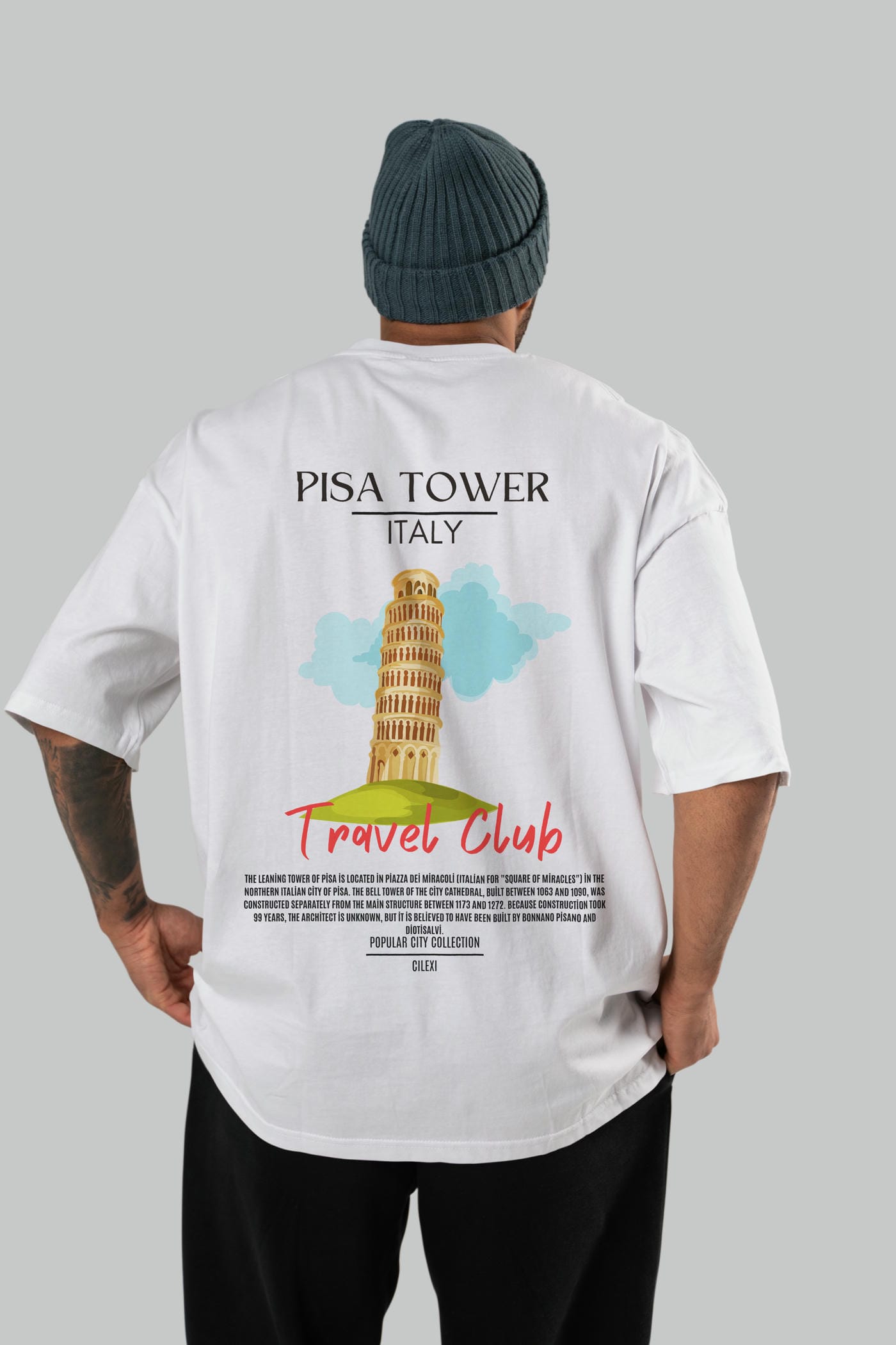 Pisa Tower İtaly Arka Baskılı Oversize t-shirt Erkek Kadın Pamuk Bisiklet Yaka tişort