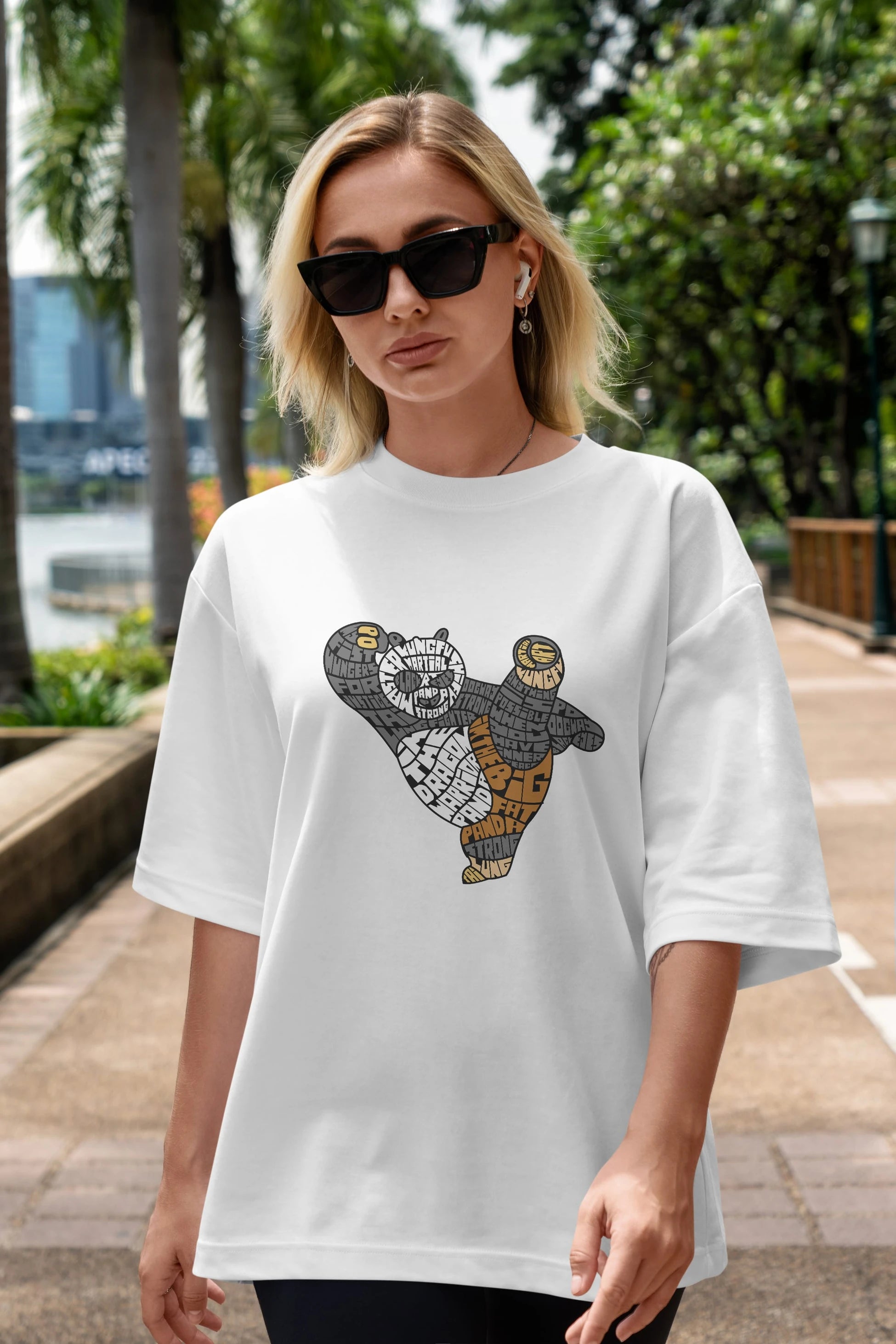 Warrior Panda Ön Baskılı Oversize t-shirt %100 pamuk Erkek Kadın Unisex