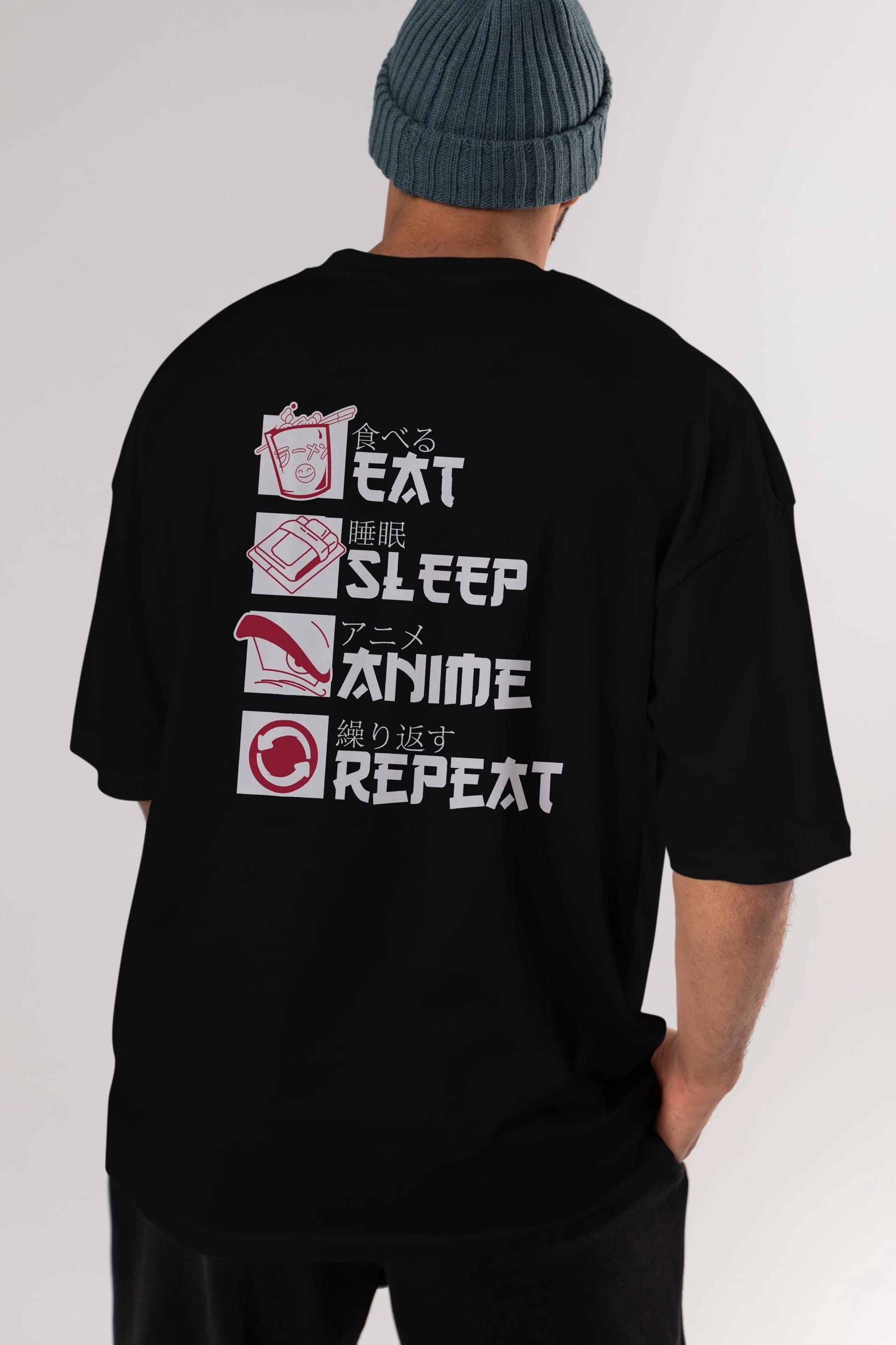 Eat, Sleep, Anime, Repeat Anime Arka Baskılı Oversize t-shirt Erkek Kadın Unisex