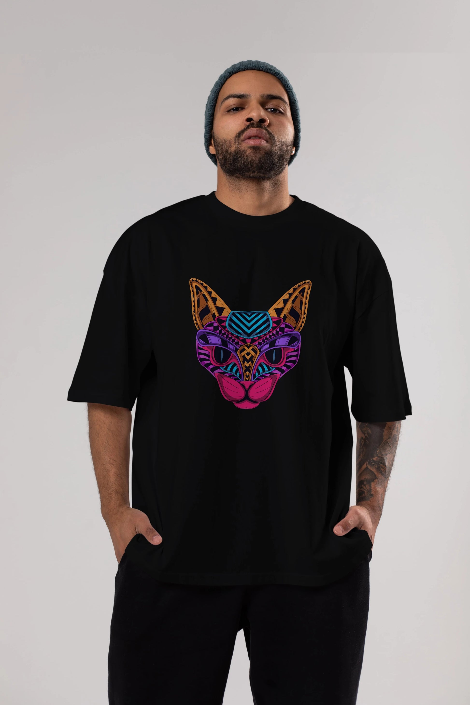 Black Neon Cat Ön Baskılı Oversize t-shirt Erkek Kadın Unisex